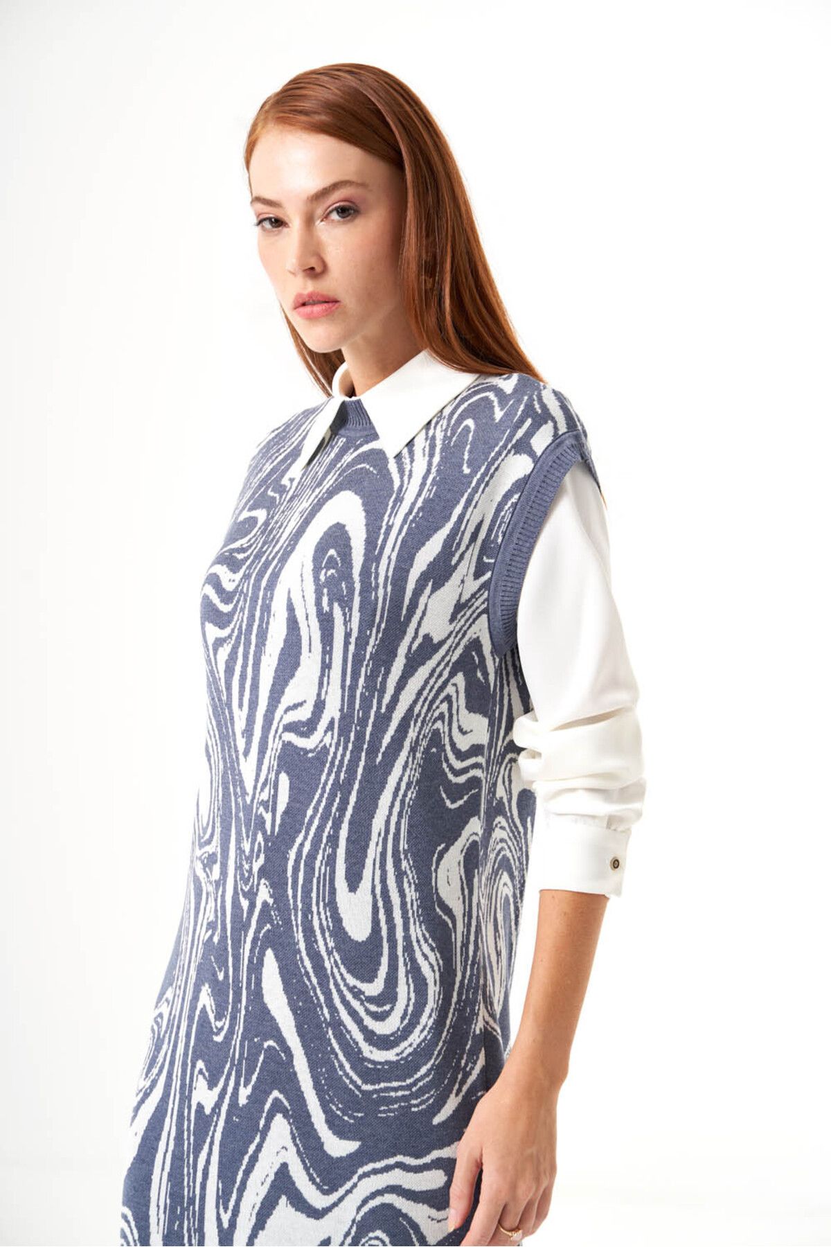 Mizalle-Special Patterned Knitwear Indigo Dress 4