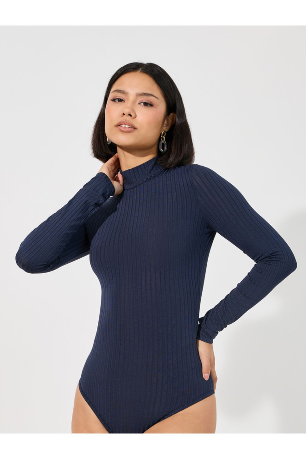 Styli-Ribbed High Neck Fitted Bodysuit 1