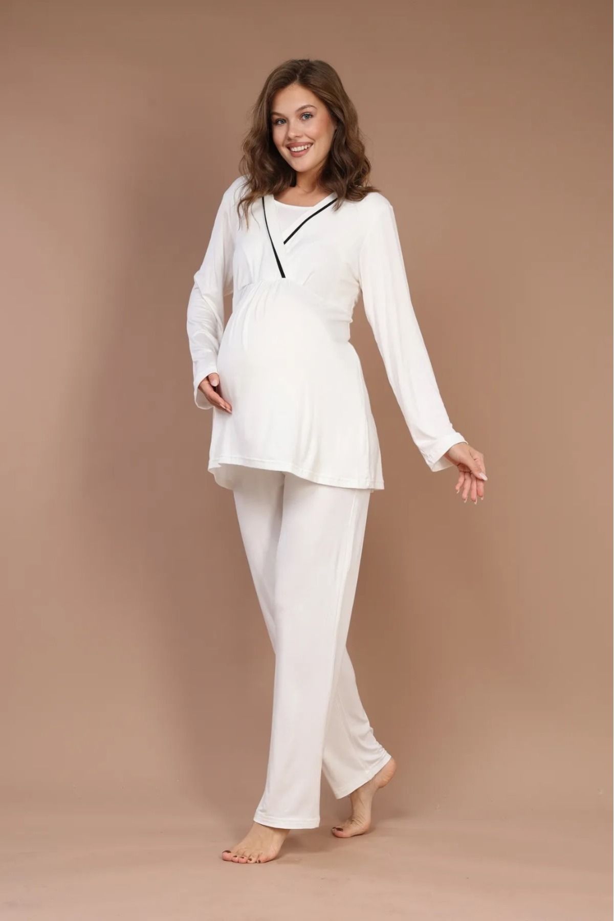 Reyhanlar-Ecru Color 3-Piece Maternity Pajamas Set with Long Sleeves and Dressing Gowns 7