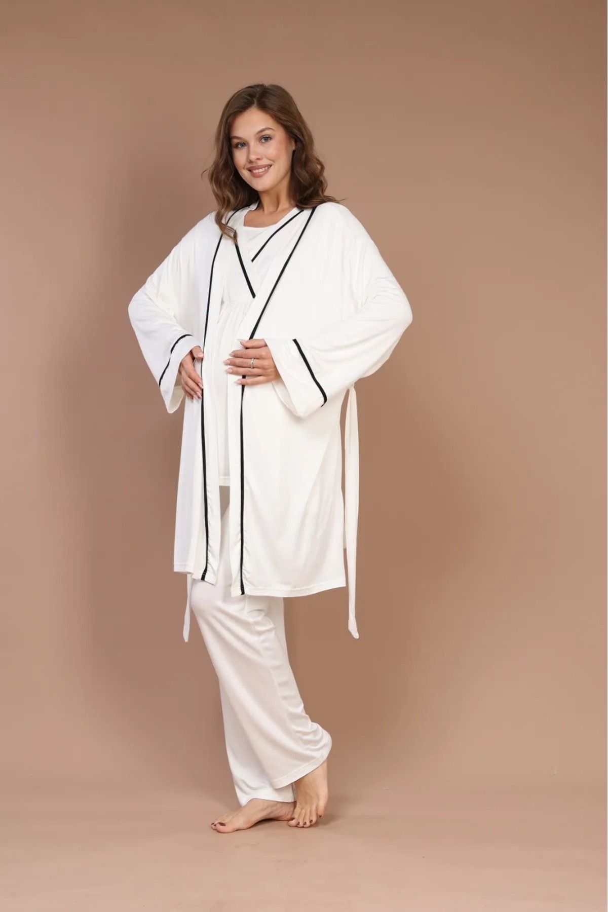 Reyhanlar-Ecru Color 3-Piece Maternity Pajamas Set with Long Sleeves and Dressing Gowns 2