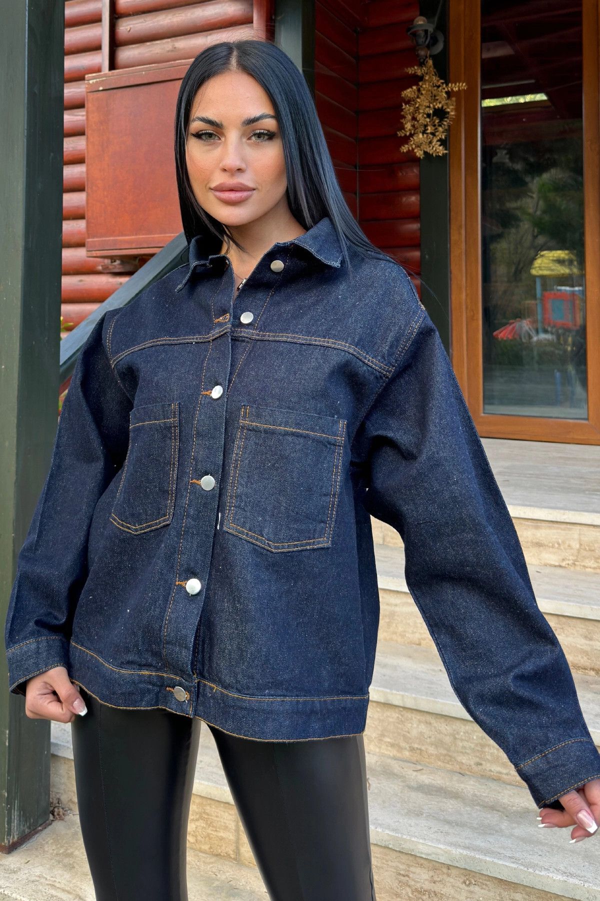 NEW LAVİVA-Navy Denim Color, Apache Collar, Double Pockets, High Quality Jeans Fabric, Loose Jeans Jacket 1