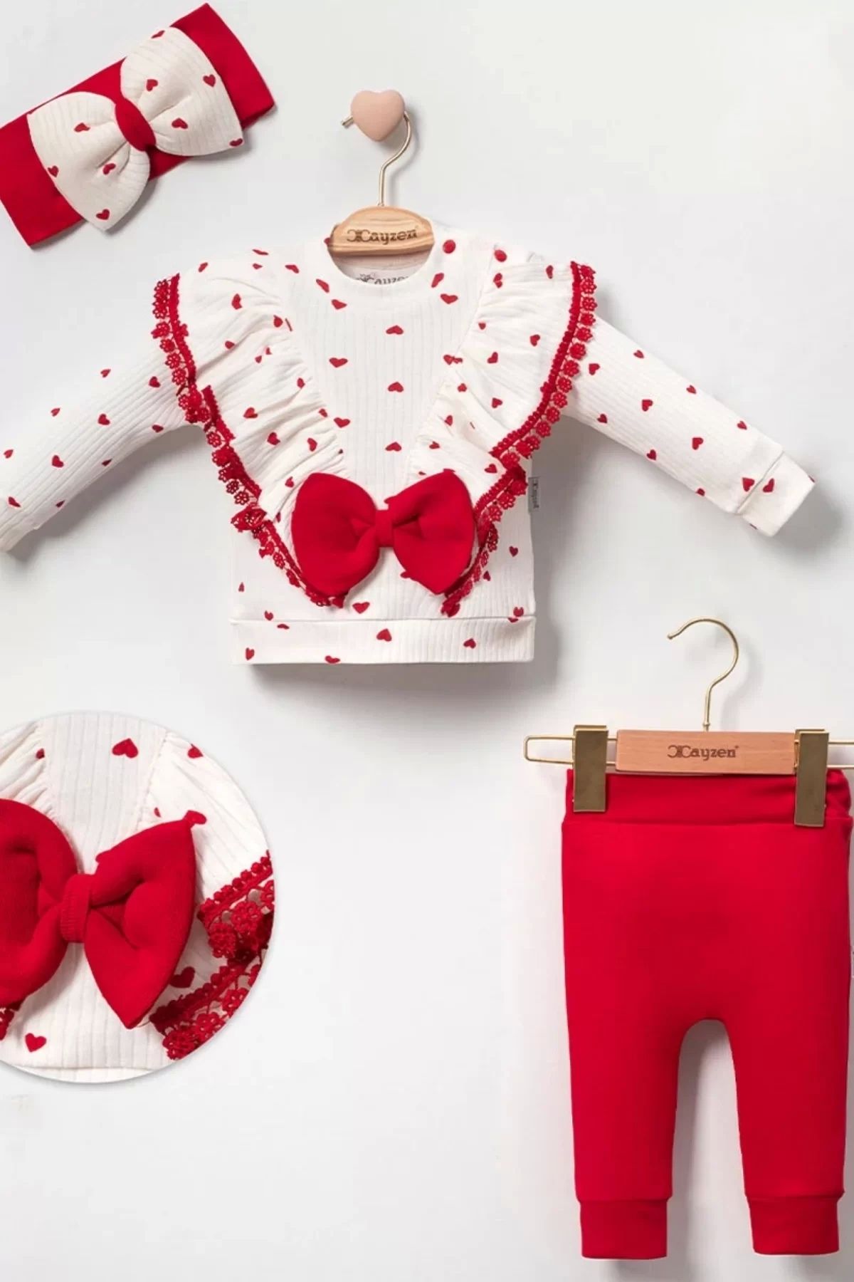 Eng-100% Cotton 3-Piece Girl's Set with Bow and Heart Pattern 2