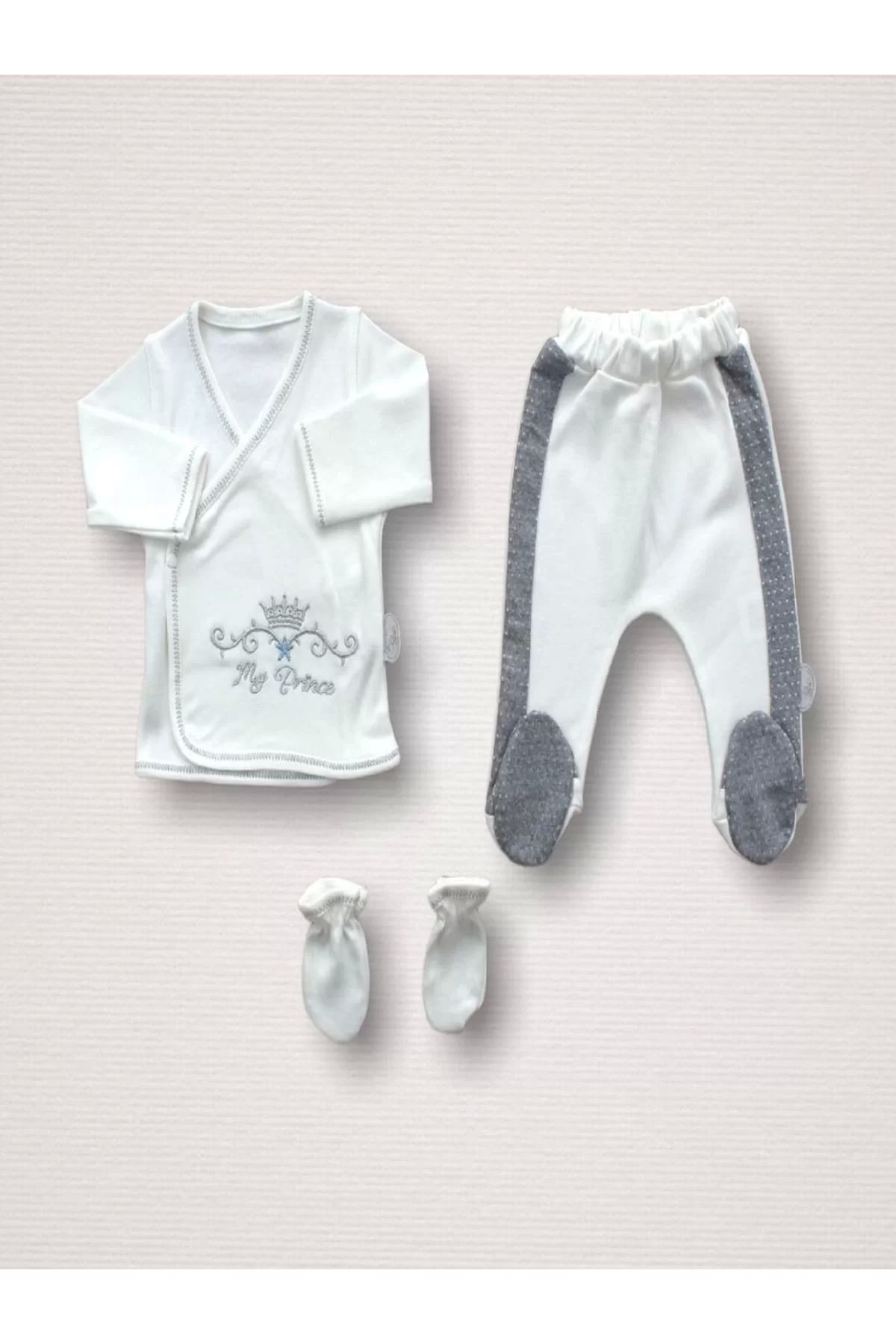 Eng-Antibacterial Super Prince Embroidered 10-Piece Bodysuit Set - 100% Cotton, Gray Hospital Exit 3