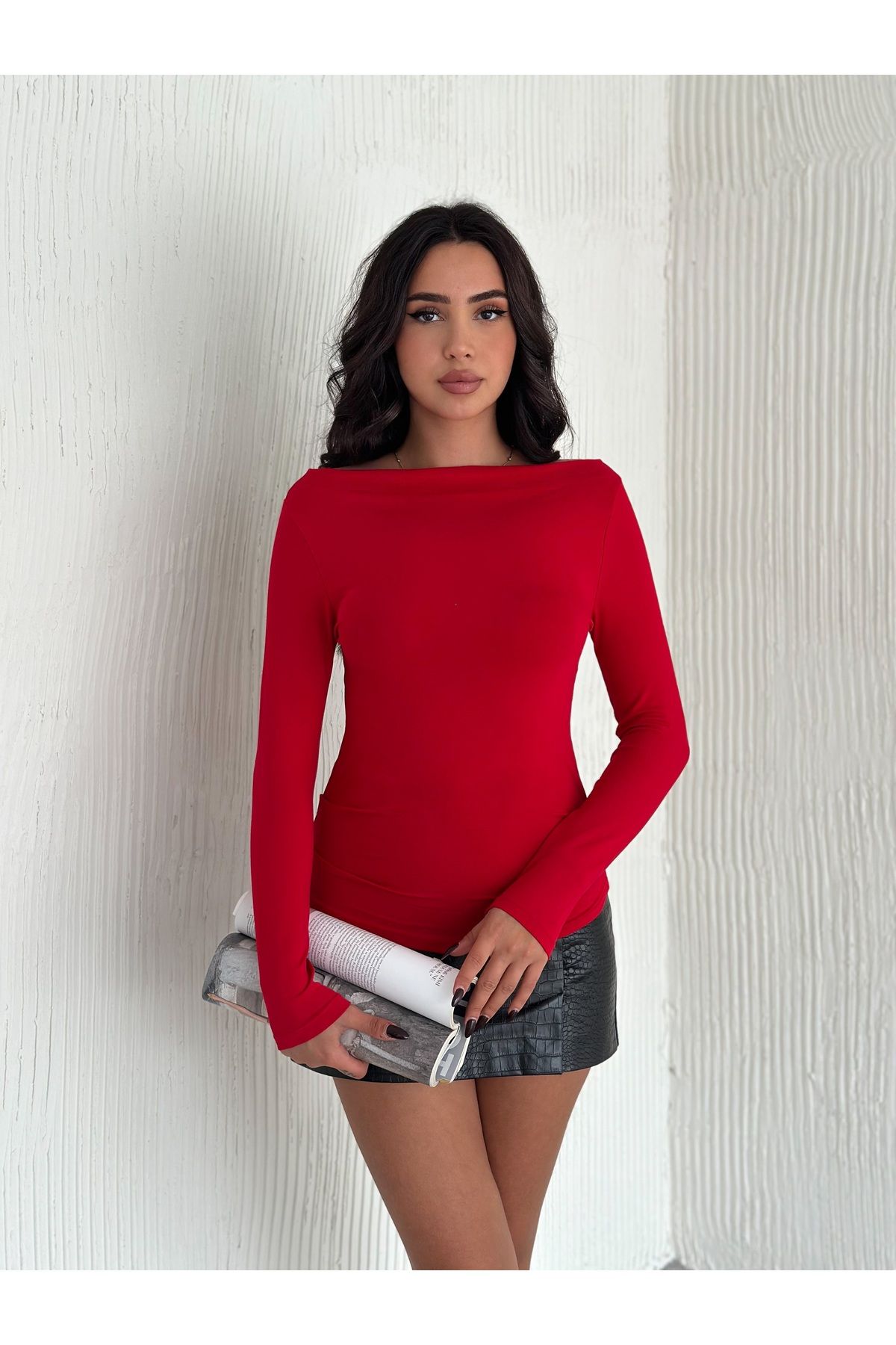 Kayaka triko-Modern Design Boat Neck Long Sleeve Blouse 5
