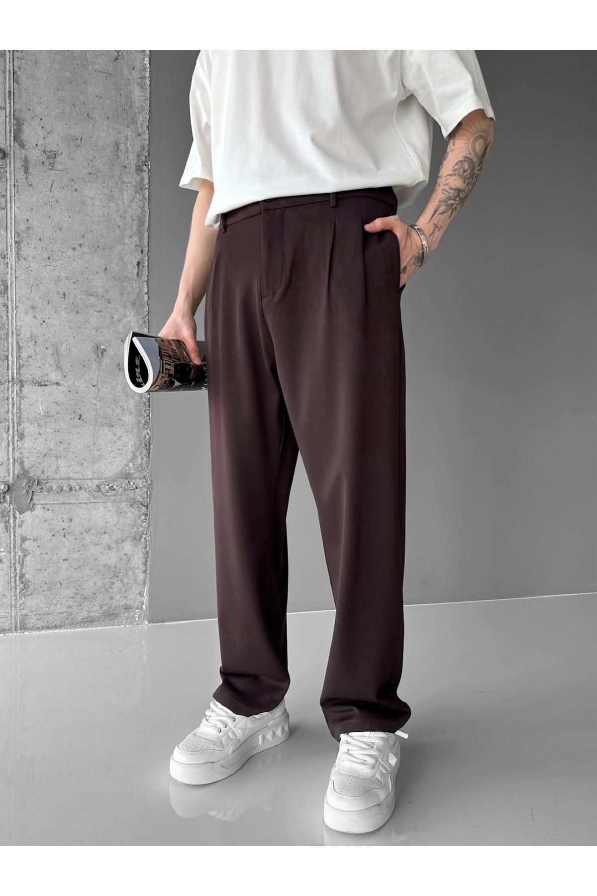 ablukaonline Erkek Baggy Fit Kumaş Pantolon Kahve