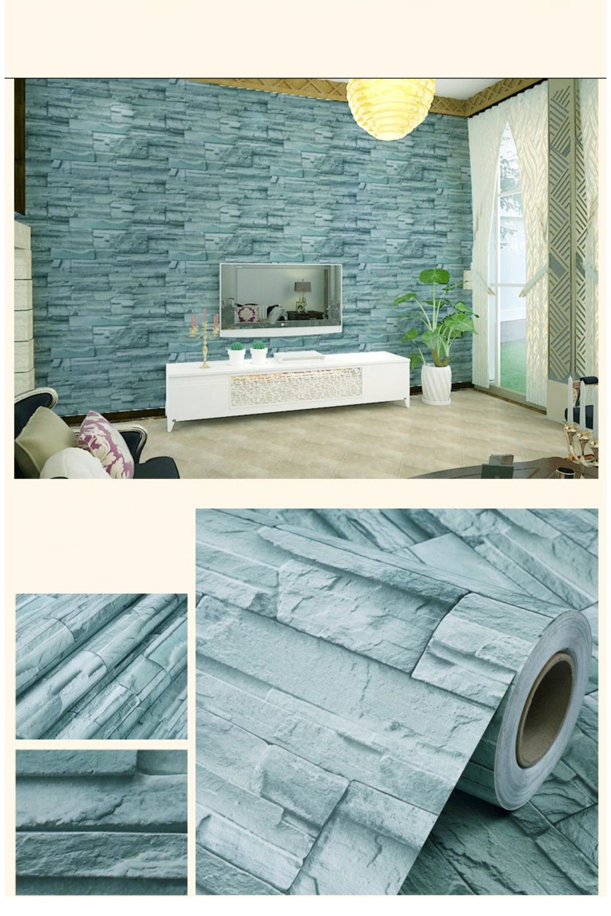 dreamingo Mavi Tuğla Taş Desenli Kendinden Yapışkanlı 3D Duvar Raf Kapı Kaplama Kağıdı 3 Metre 60 Cm