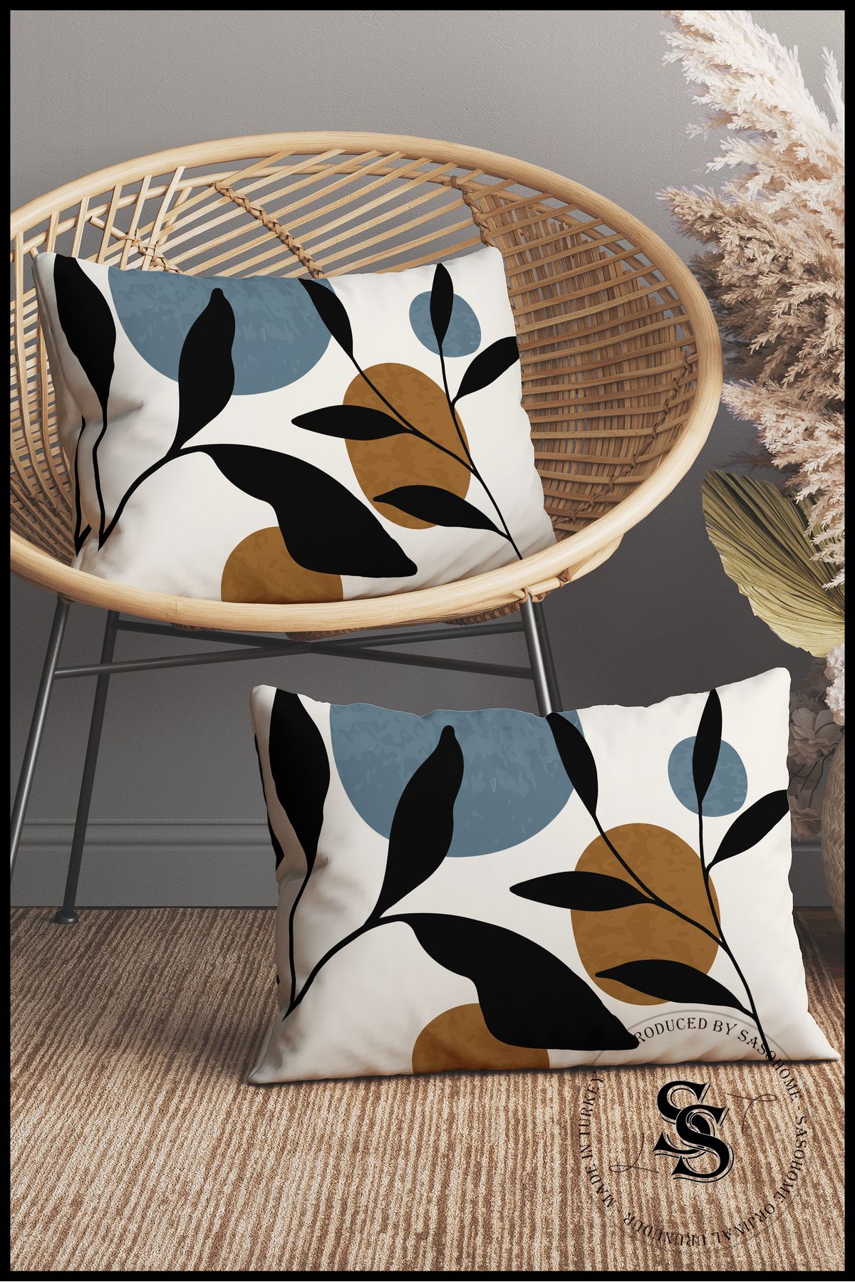 SasoHome-Modern Blue Black Leaf Design Painting Pattern 2-Piece Rectangular Throw Pillow Cover 1