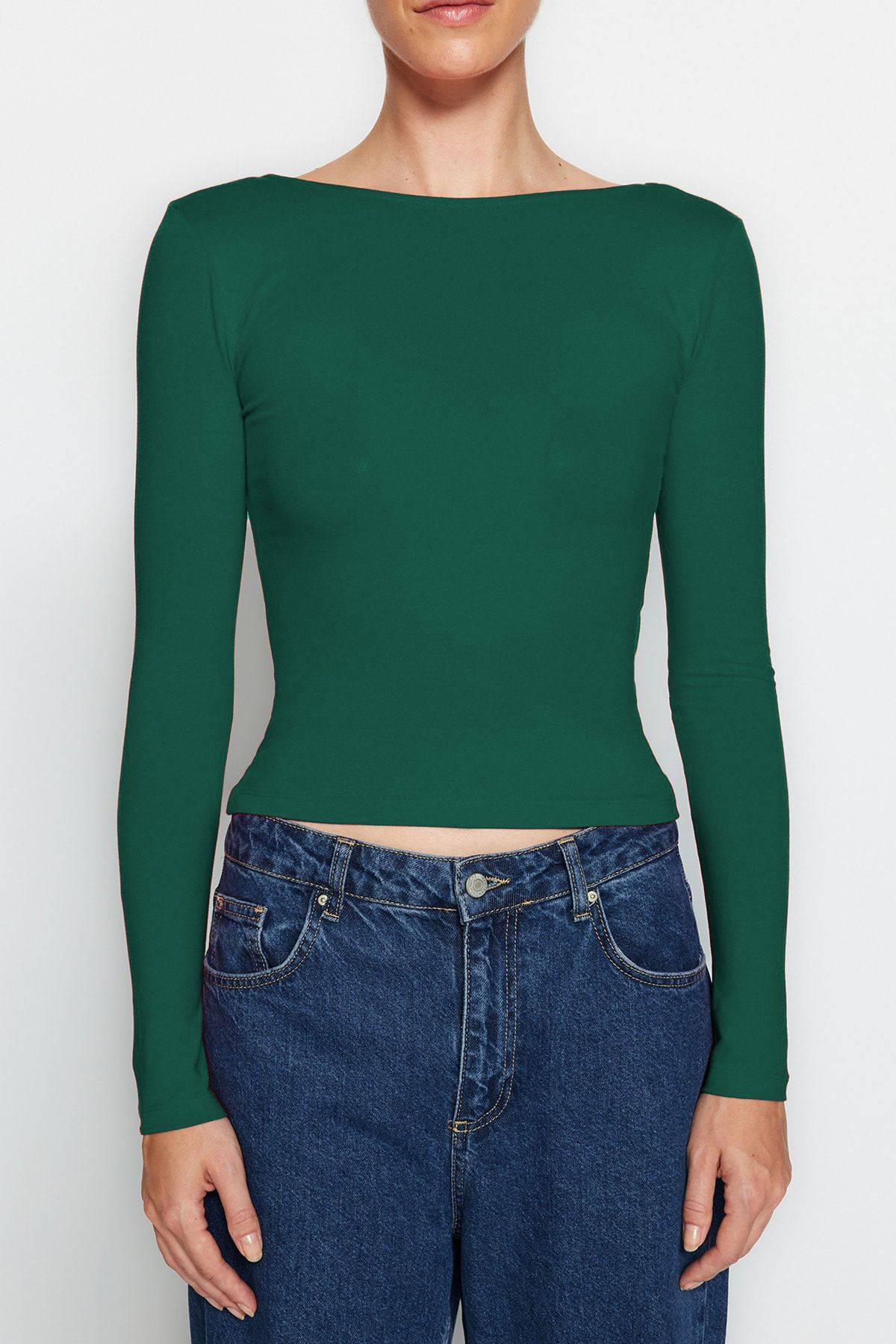 Trendyol Collection-Bluzka z bawełny w kolorze szmaragdowej zieleni, elastyczna, bez pleców, dopasowana Twoaw24Bz00160 5