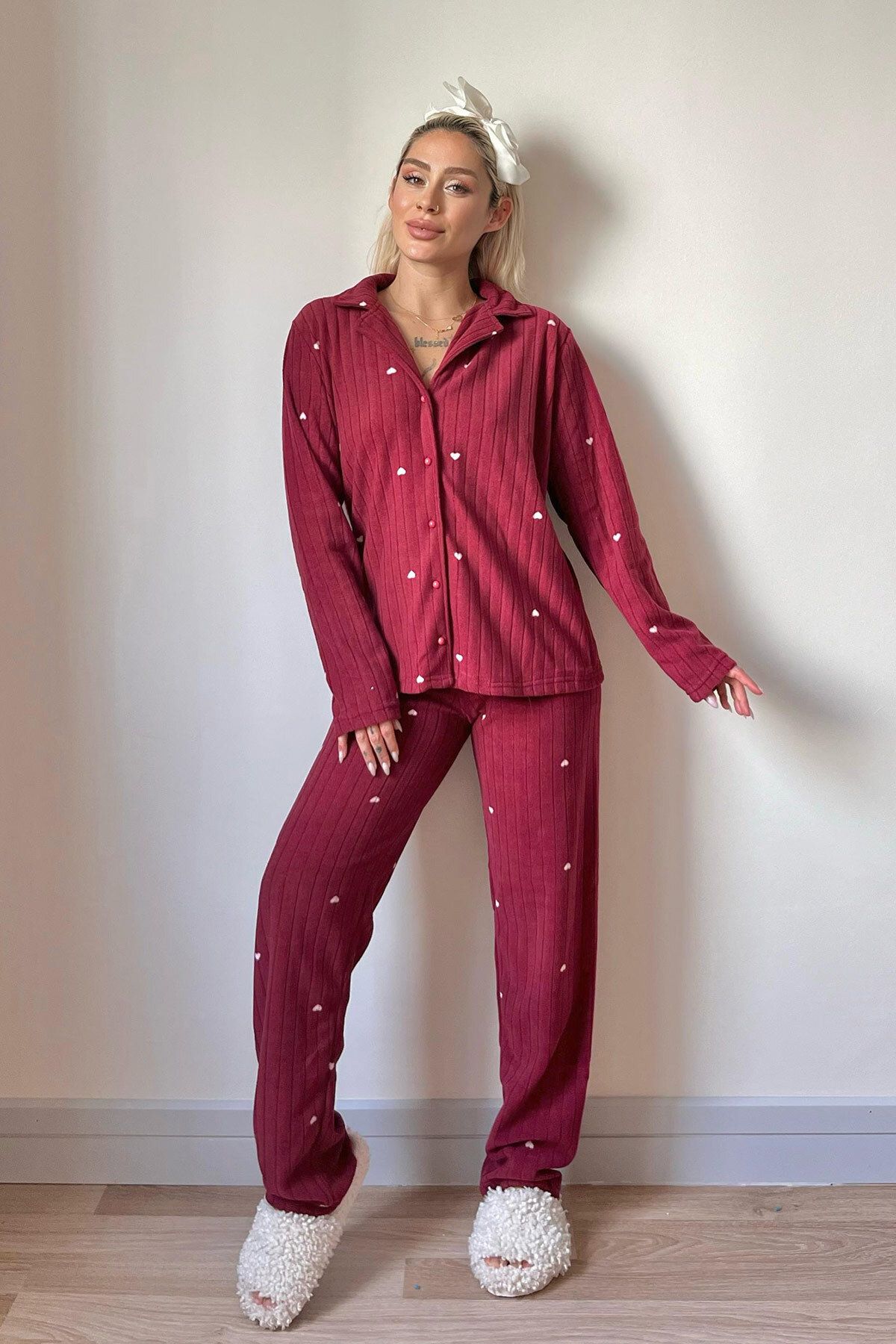 Pijamaevi-Claret Red Heart Patterned Front Buttoned Plush Polar Pajama Set 6