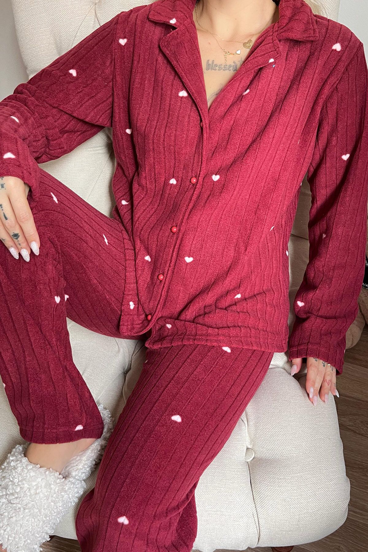 Pijamaevi-Claret Red Heart Patterned Front Buttoned Plush Polar Pajama Set 5