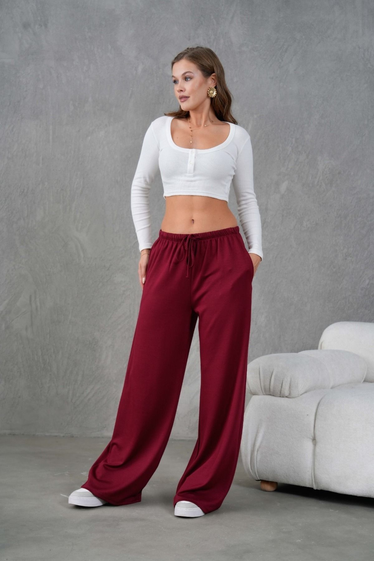 Trendyol Collection-Burgundy Regular Fit Knitted Trousers - Soft Button and Elastic Waist Twoaw25Pl00112 3