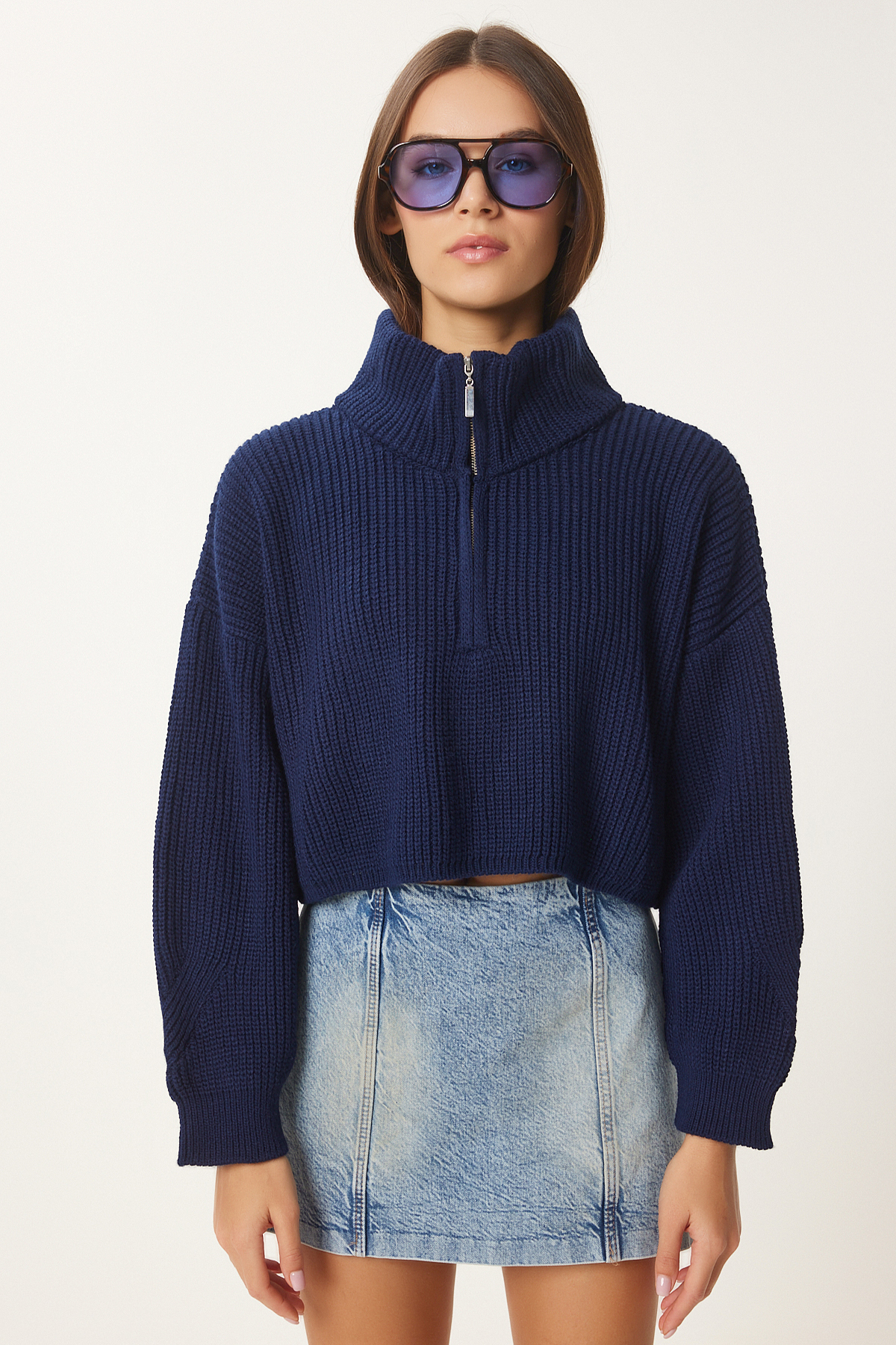 Happiness İstanbul  Kadın Lacivert Fermuarlı Balıkçı Yaka Triko Kazak MX00124 - Görsel 5