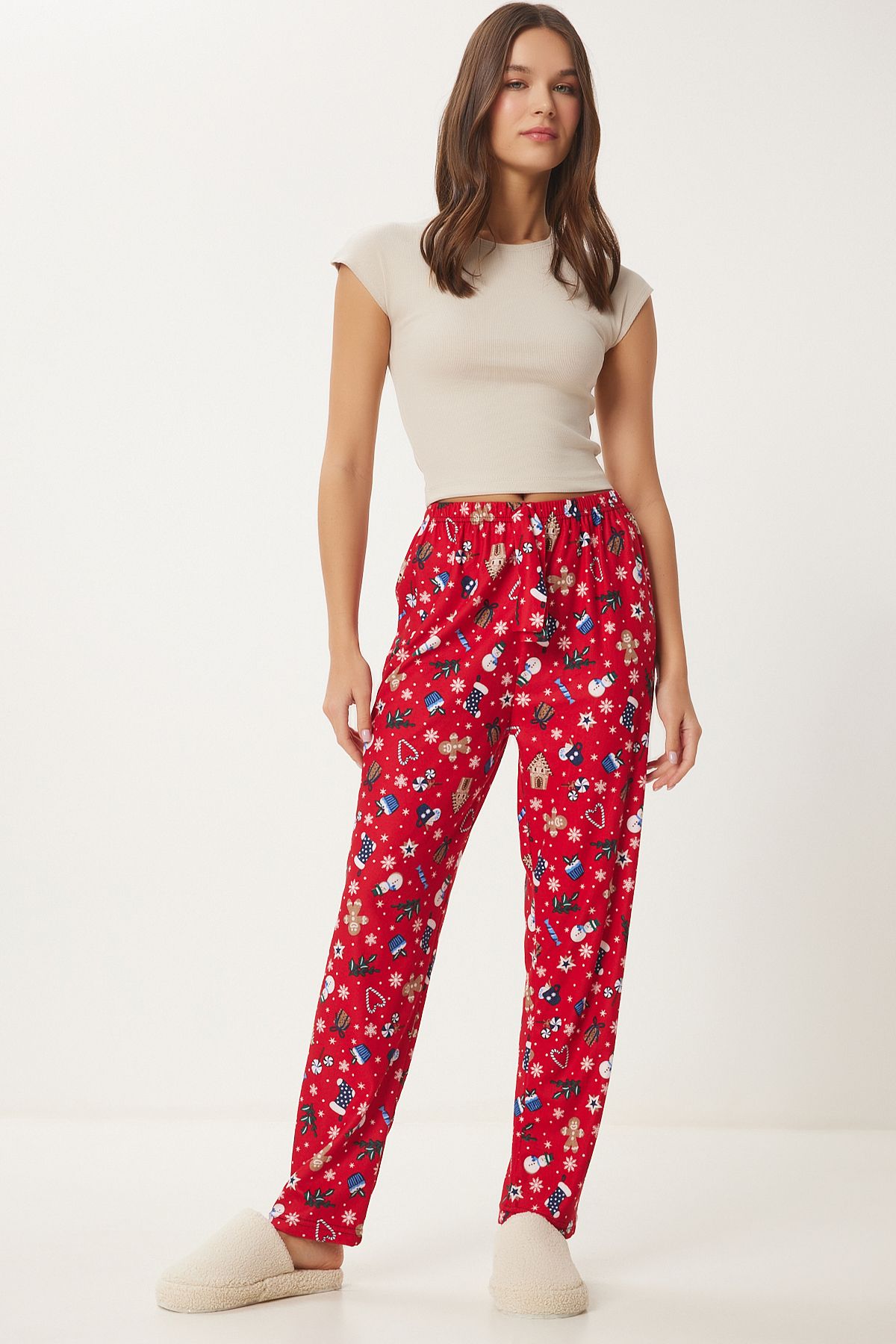 Happiness İstanbul Rot-weiß Gemusterte, Weiche Strick-pyjama-unterseite – für Damen - 40