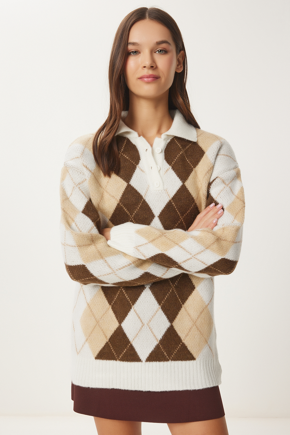 Happiness İstanbul Ecru-brauner Strickpullover mit Rautenmuster für Damen FN03447