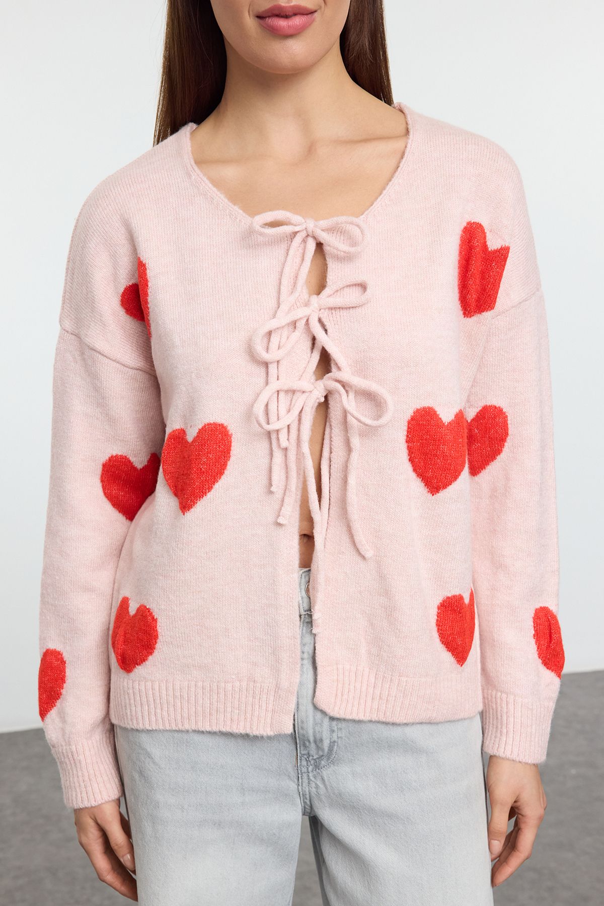 Trendyol Collection-Pink Heart Patterned Knitwear Cardigan with Tie Detail Twoaw25Hi00362 3