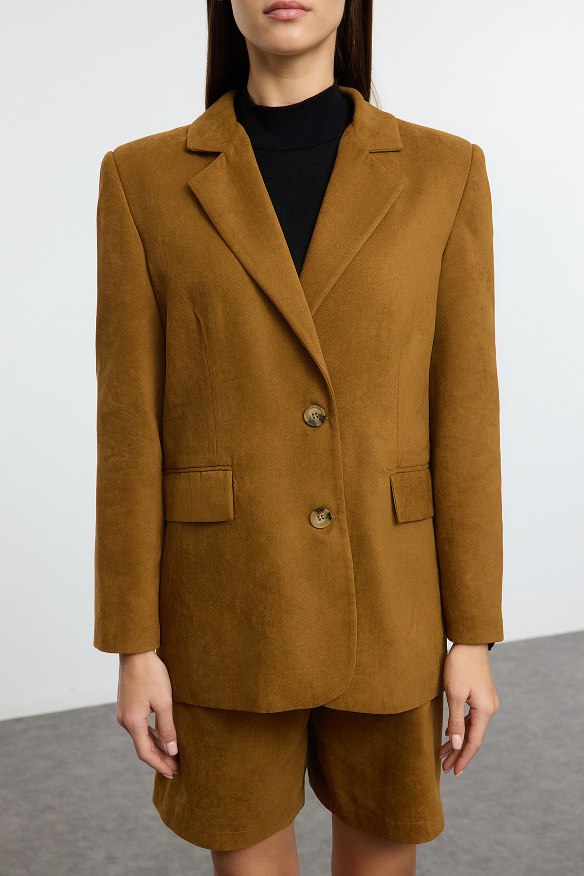 Trendyol Collection-Hnědý semišový tkaný sako Twoaw25Bc00040 3