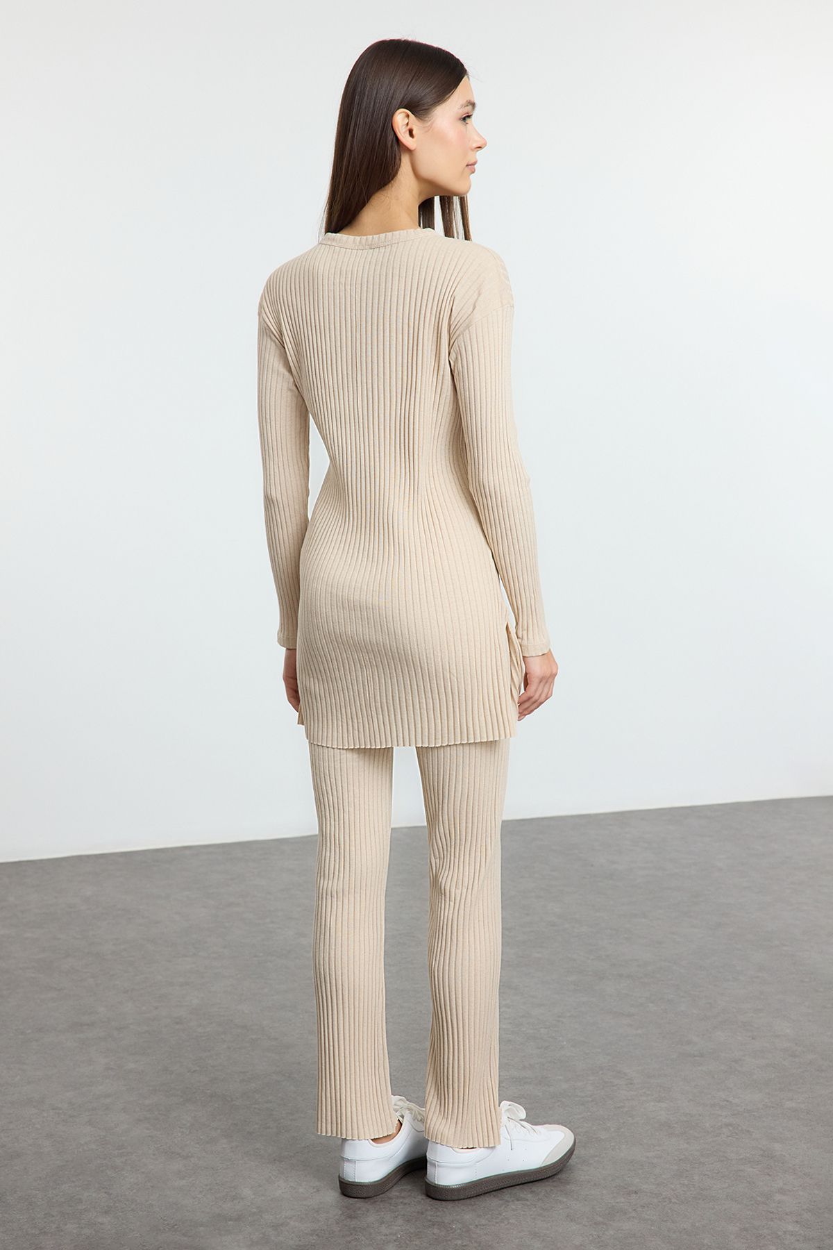 Trendyol Collection-Stretchy Ribbed Knitted - Stone Slit Palazzo Blouse & Bottom Suit Twoaw25Au00152 5