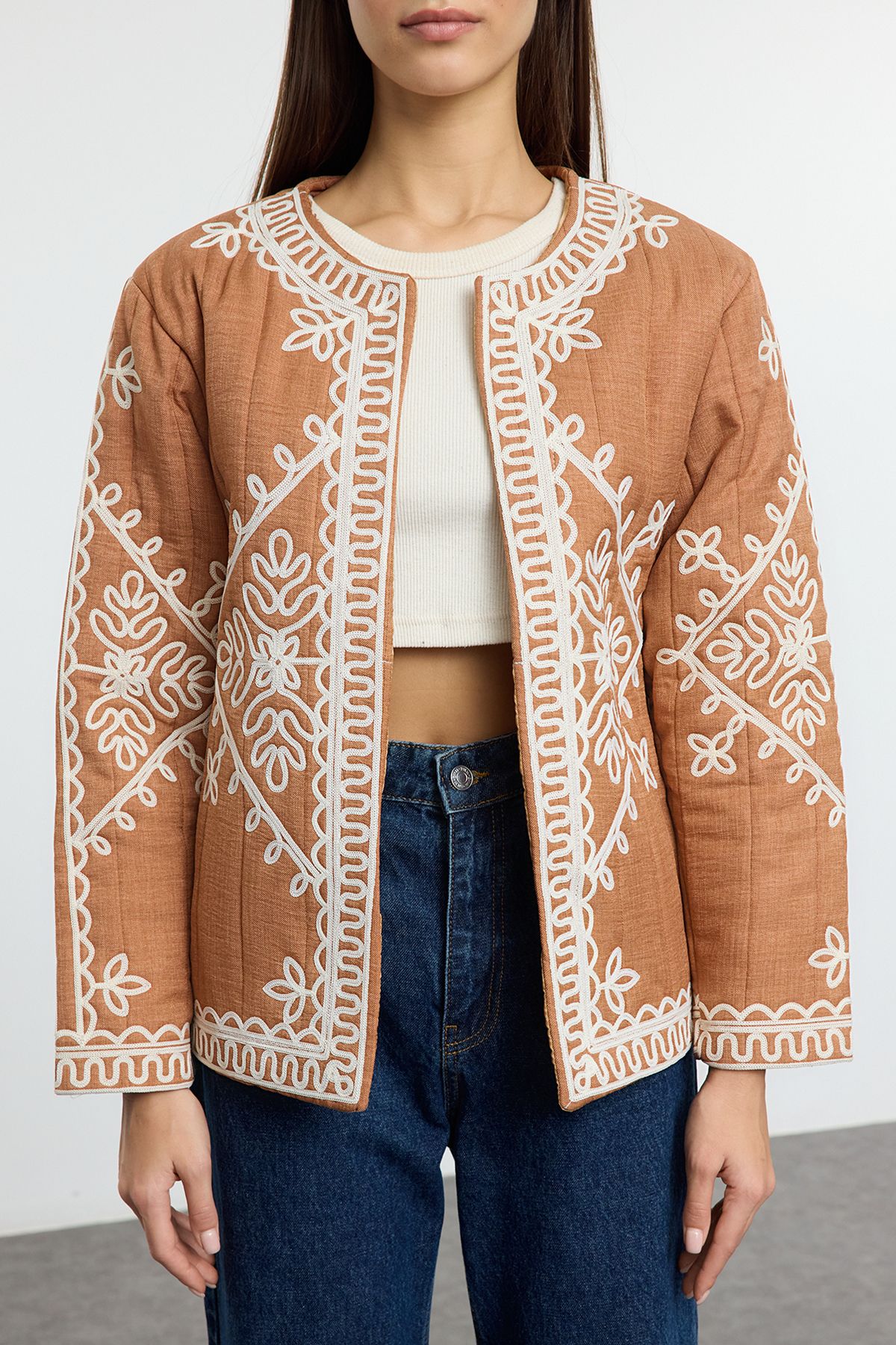 Trendyol Collection-Camel Regular Diework Detailed Lined Thin Jacket Coat Twoaw25Mo00327 3