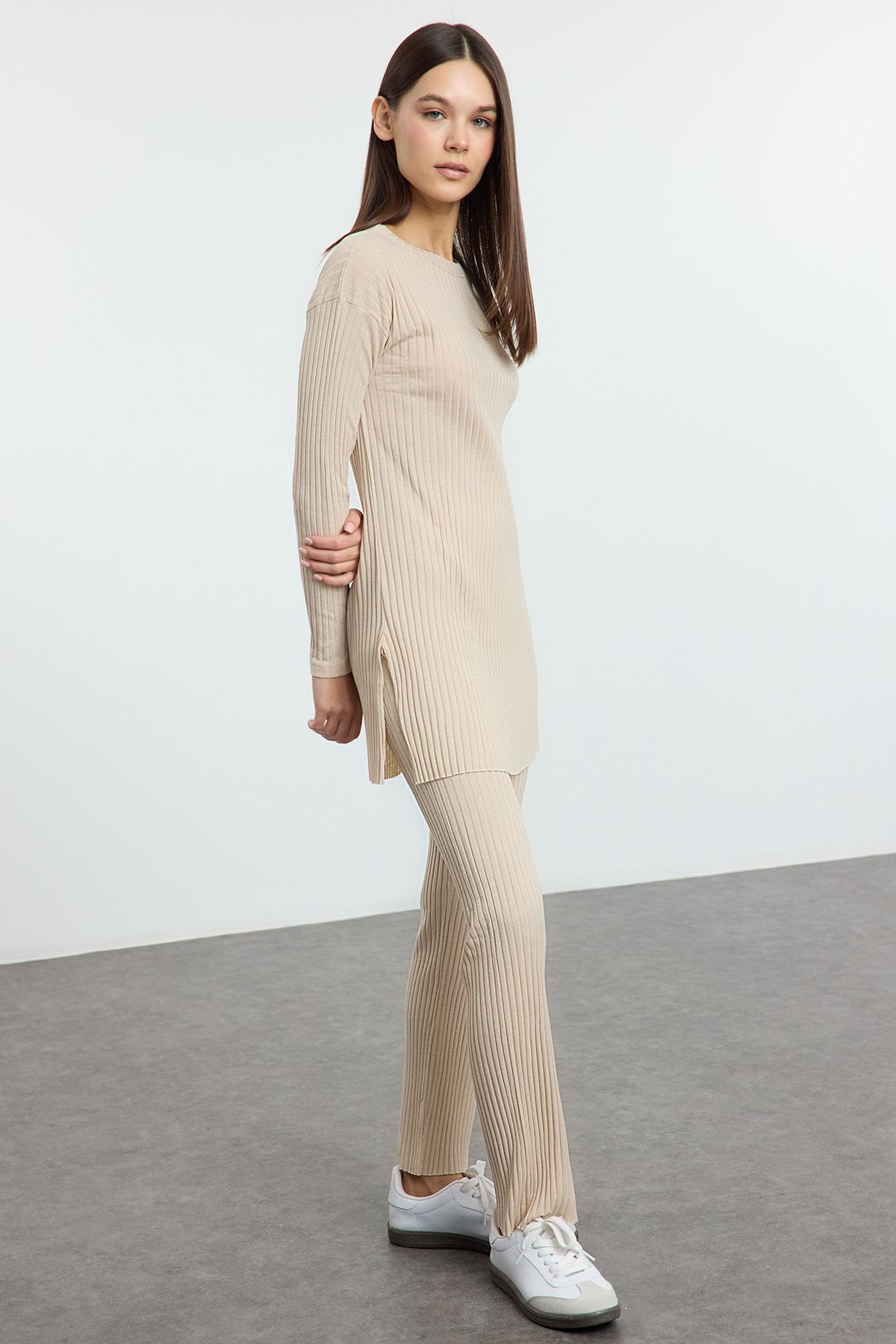 Trendyol Collection-Stretchy Ribbed Knitted - Stone Slit Palazzo Blouse & Bottom Suit Twoaw25Au00152 2