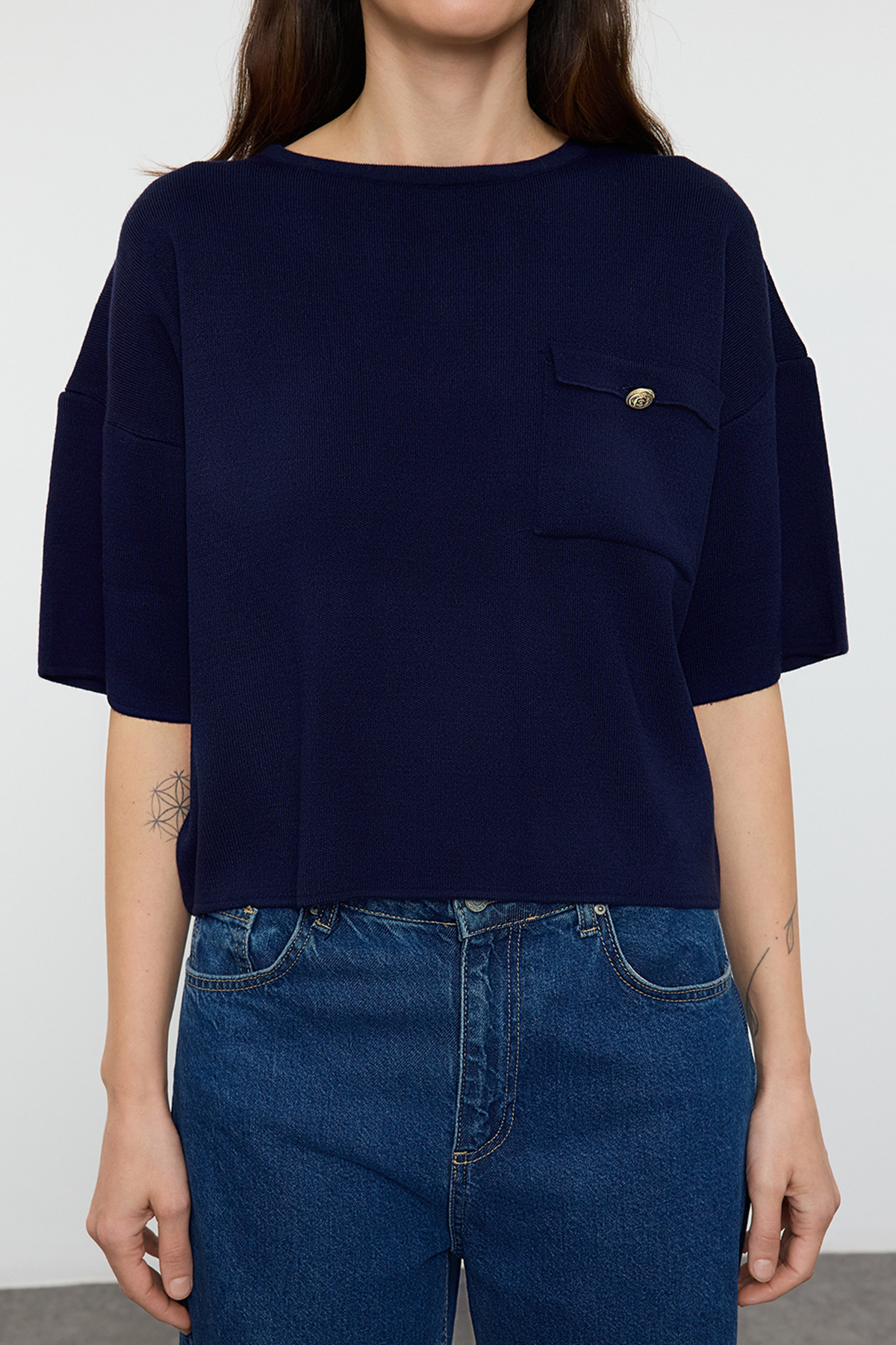Trendyolmilla  Lacivert Cep Detaylı Triko Kazak TWOAW25KZ00064 - Görsel 3