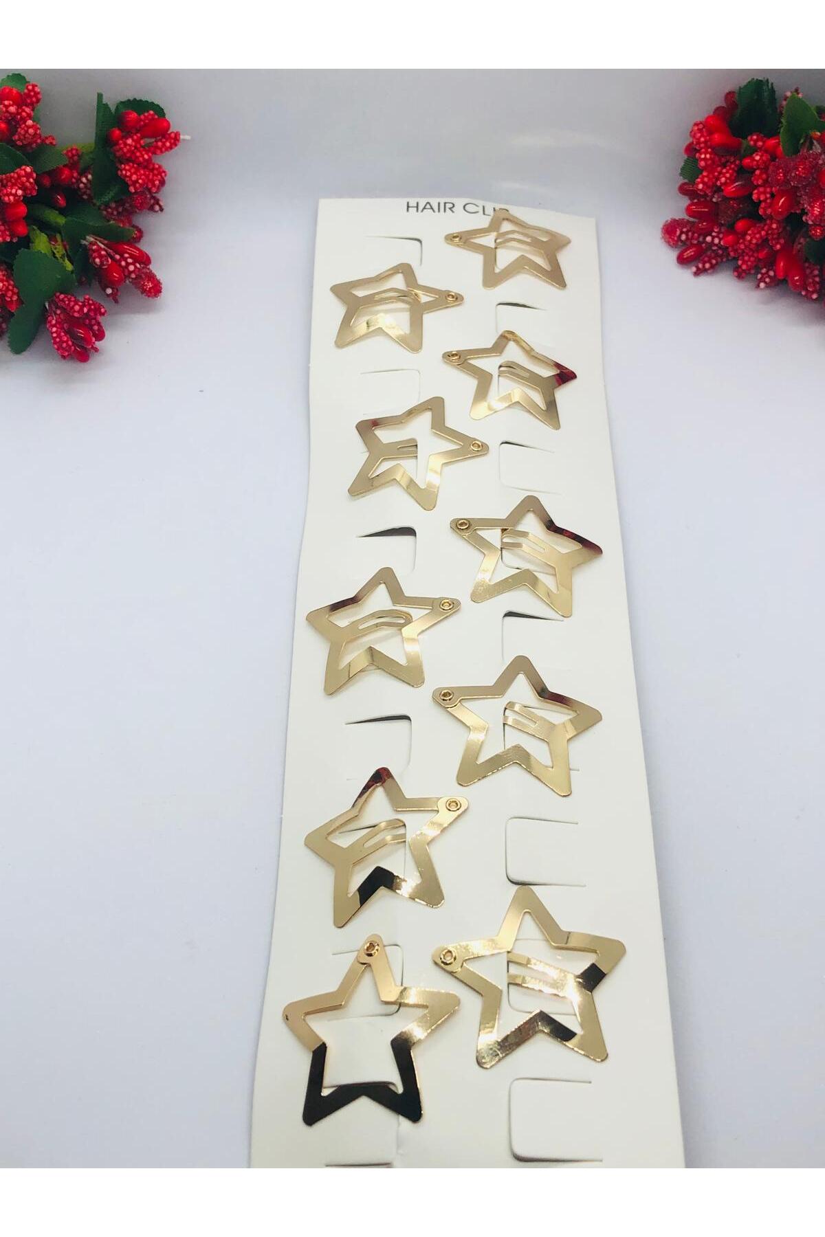 İnDerin Gold Rengi Çok Şık Yıldızlı Çıtçıtlı Saç Tokası 10'lu (3cm) görsel 2