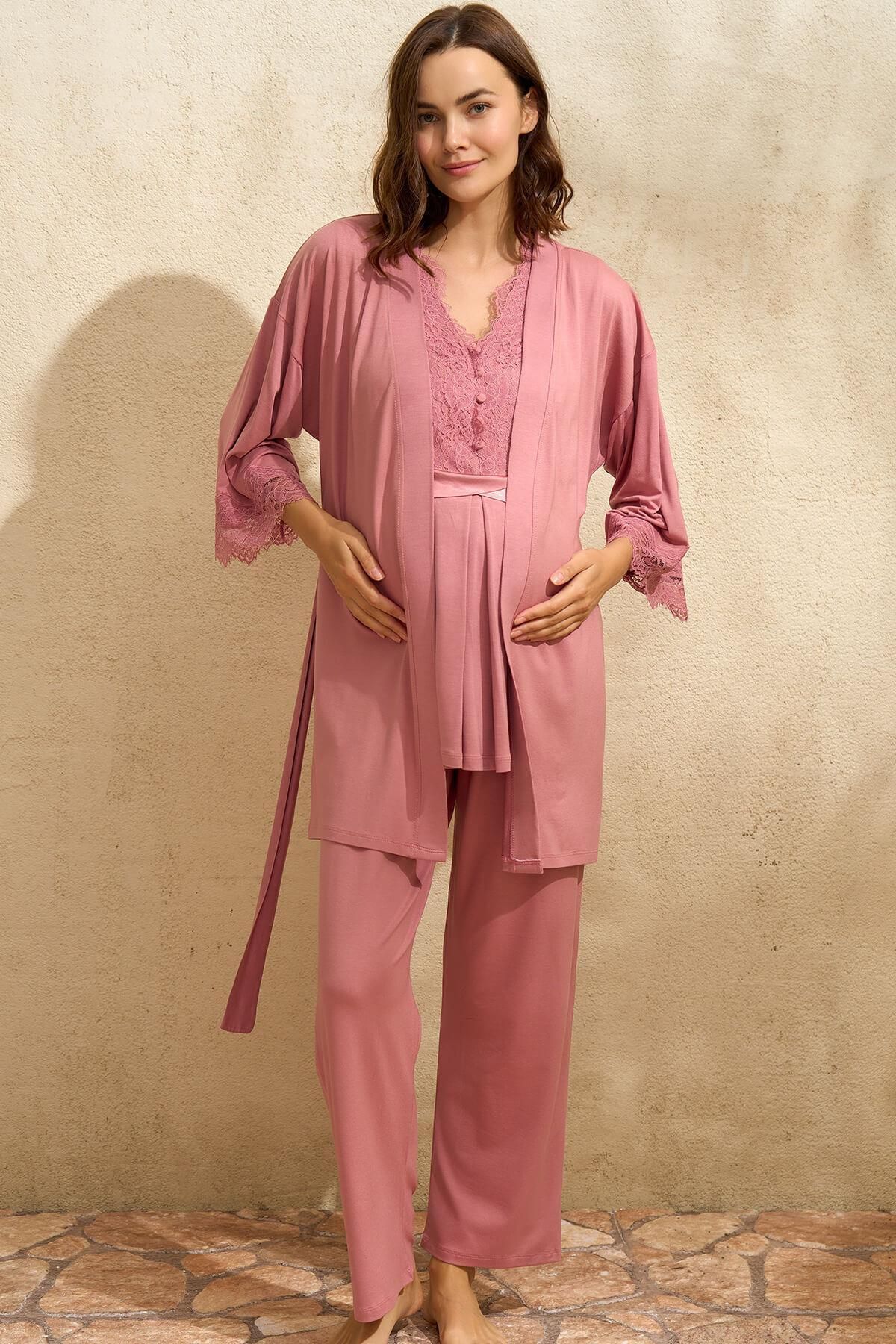 Motto10butik Sıfır Kol V Yaka Kadın Viskon Düz Yazlık Uzun Dantel Detaylı Hamile Pijama