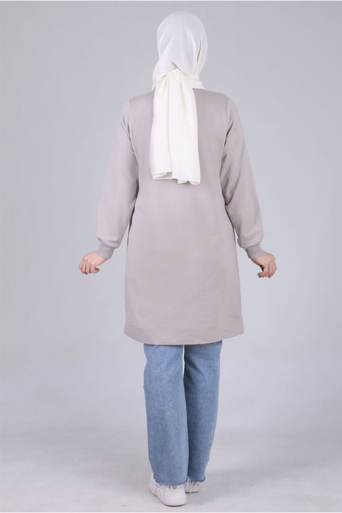 Moda Rosa-25K2041 - Gray - Plus Size Hijab Pearl Detailed Tunic 4