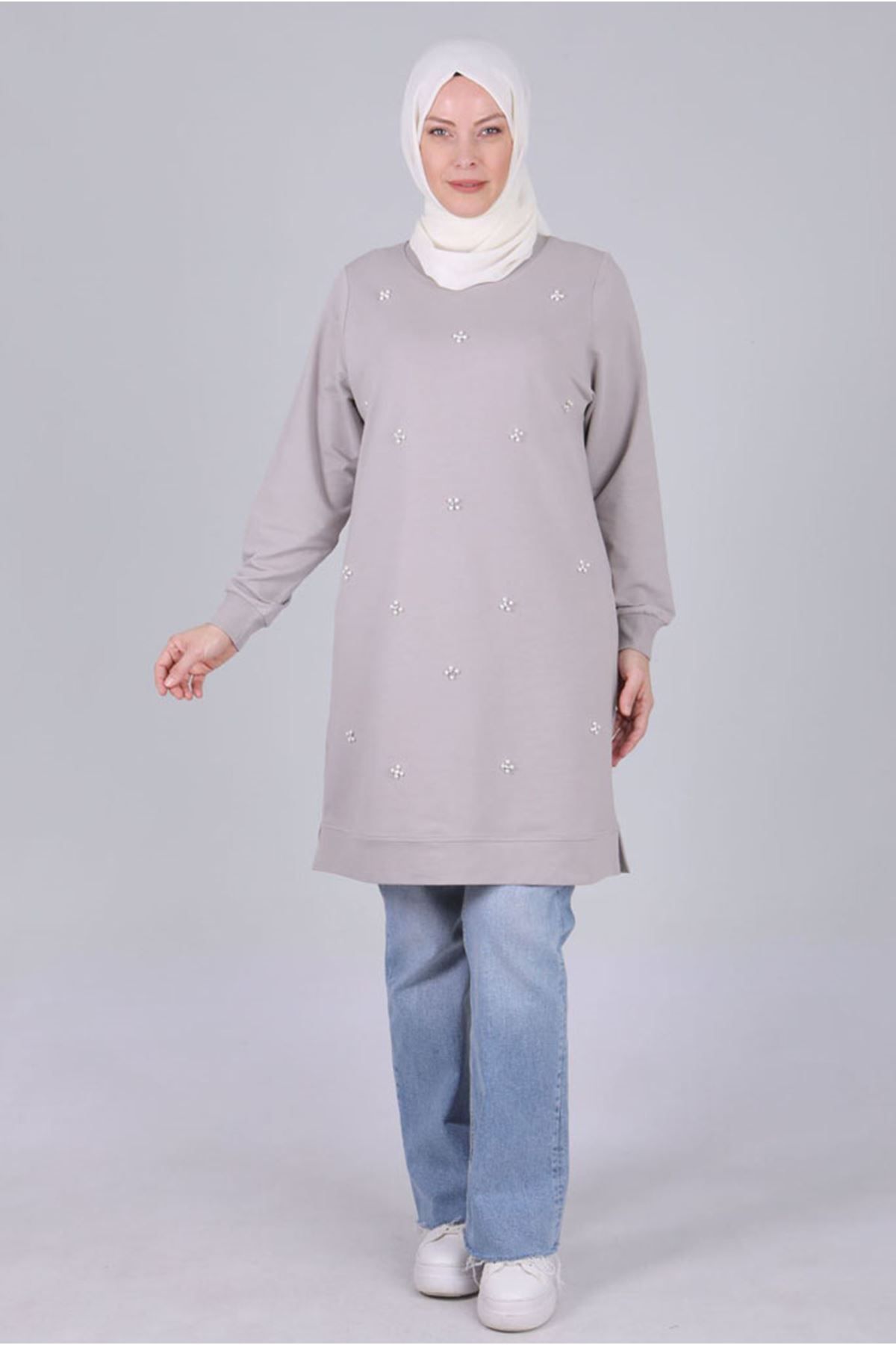 Moda Rosa-25K2041 - Gray - Plus Size Hijab Pearl Detailed Tunic 1