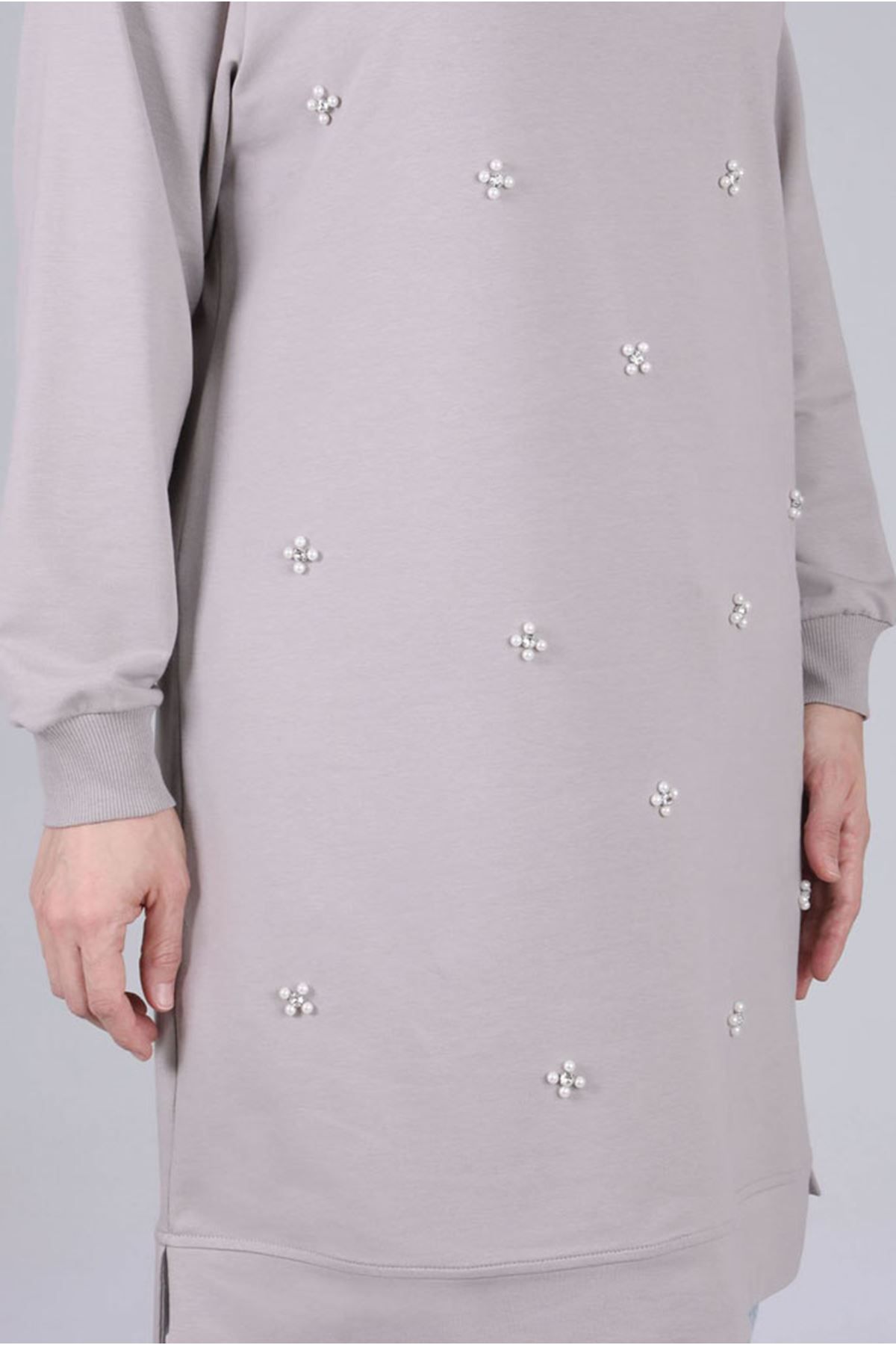 Moda Rosa-25K2041 - Gray - Plus Size Hijab Pearl Detailed Tunic 3