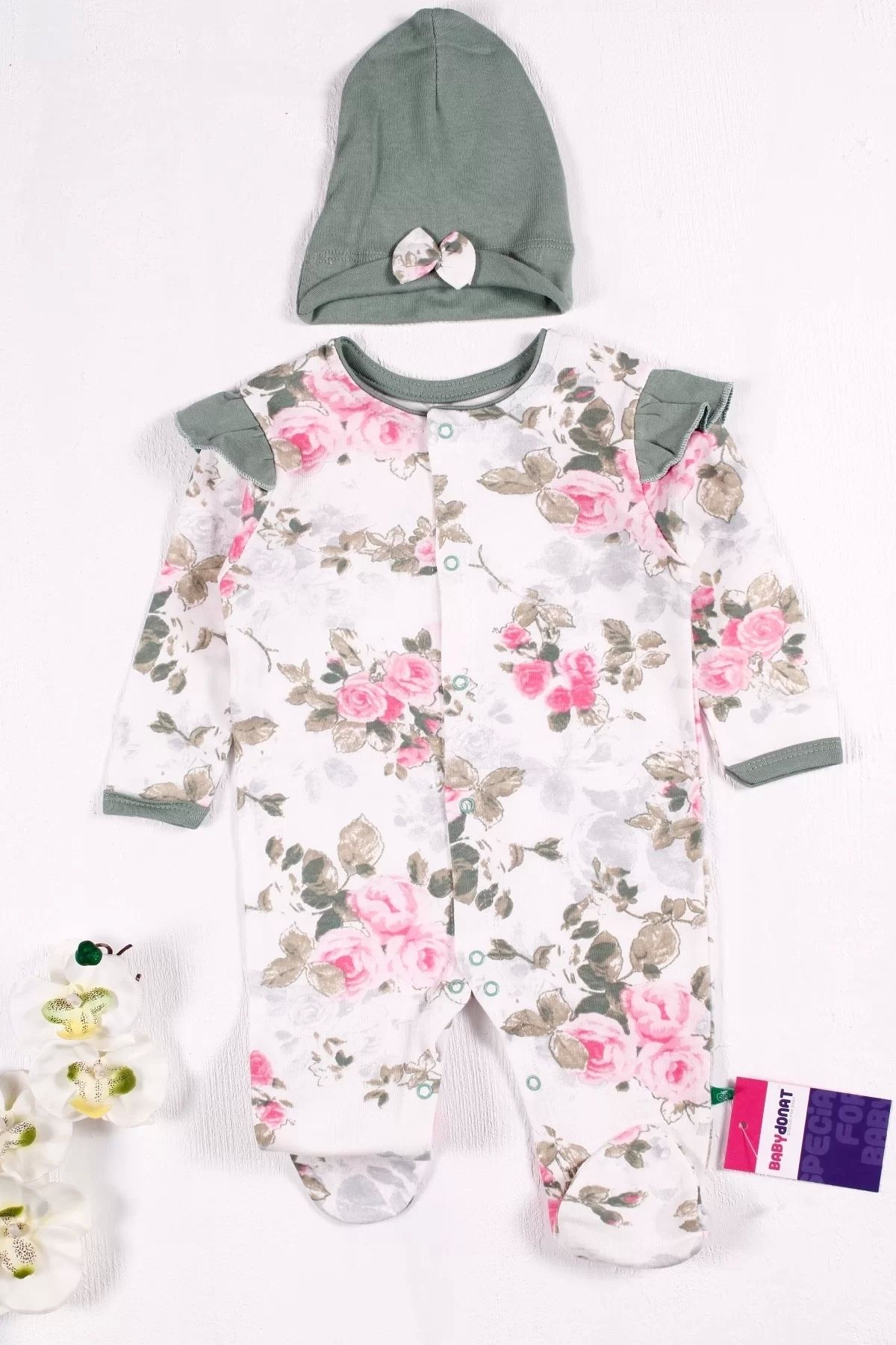 Eng-Baby Girl Jumpsuit with Floral Patterned Hat 4