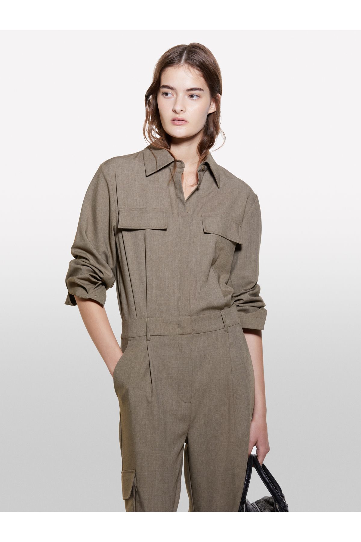 Sisley-Women's Khaki Viscous Blended Cap Pocket Detail Pointed Collar Long Jumpsuit 5