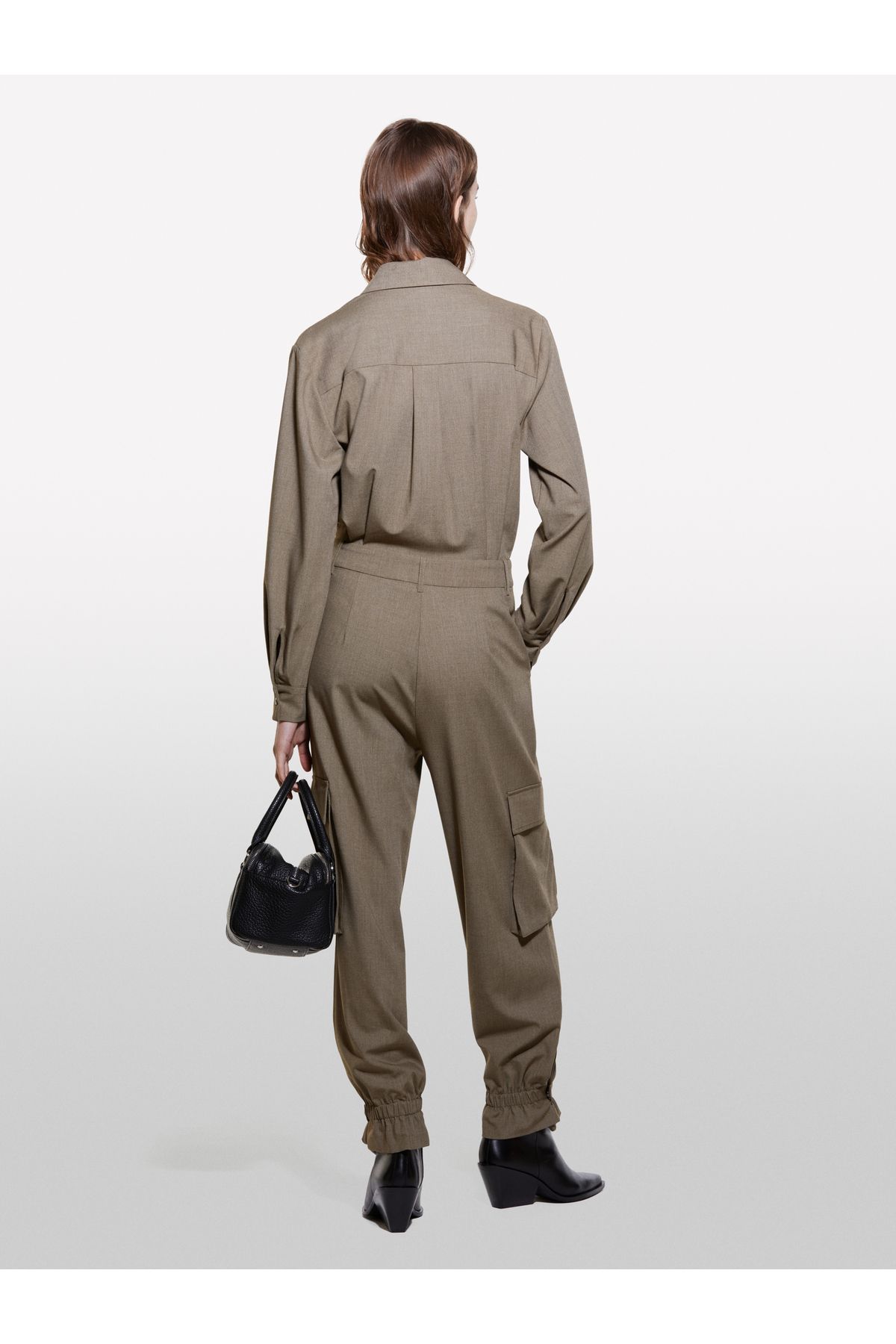 Sisley-Women's Khaki Viscous Blended Cap Pocket Detail Pointed Collar Long Jumpsuit 4