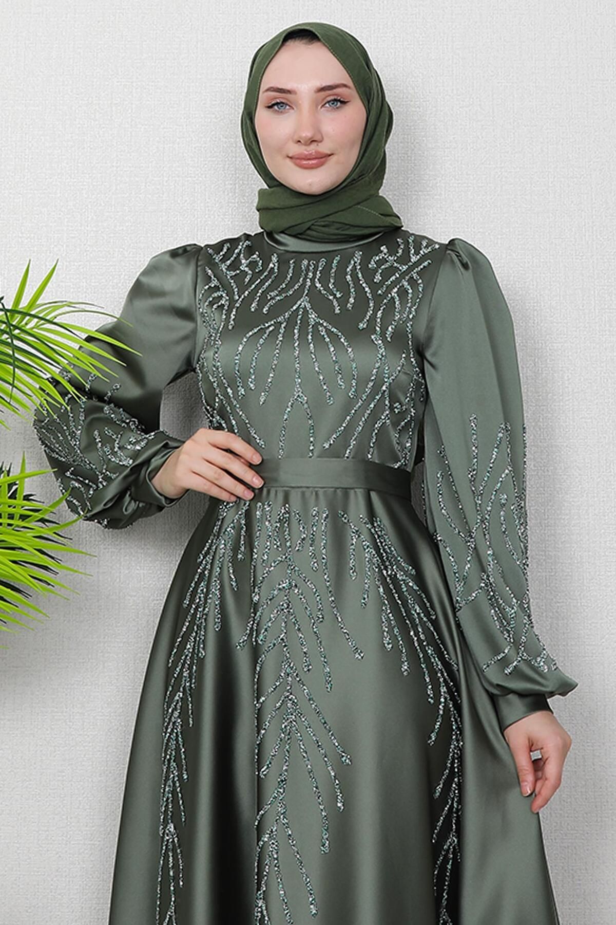 GİYZAMİLA-Khaki Evening Dress - Buğlem Stone Detail 5