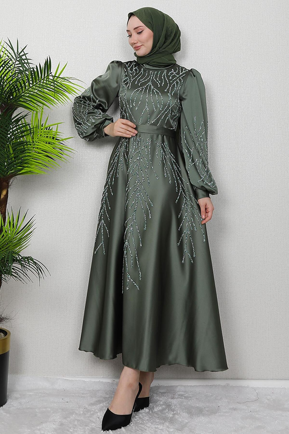 GİYZAMİLA-Khaki Evening Dress - Buğlem Stone Detail 4