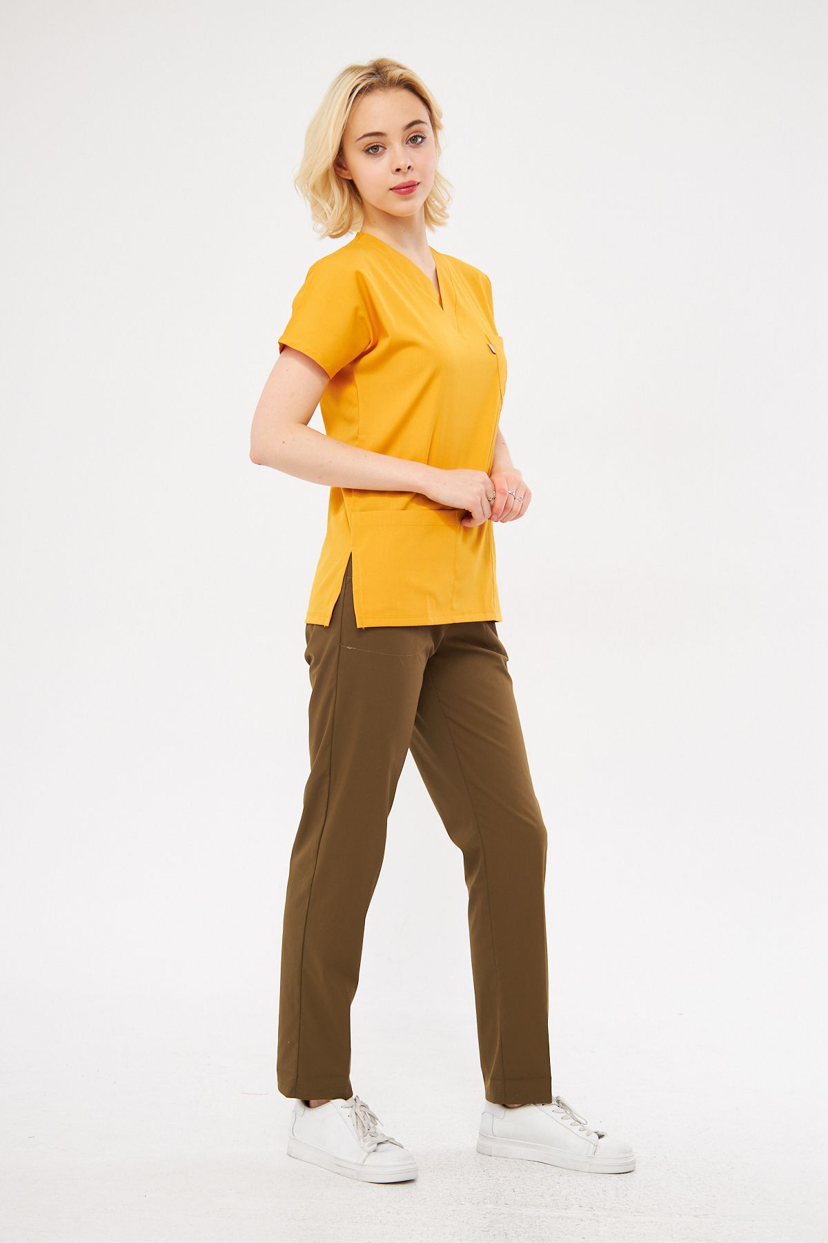 Class Üniforma-Set de scrubs unisex - muștar kaki, lycra, mânecă liliac, uniformă pentru asistentă și doctor 4