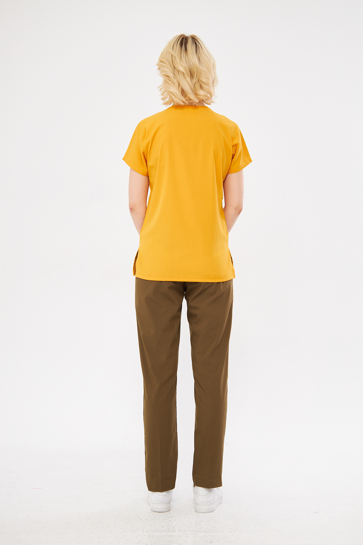 Class Üniforma-Set de scrubs unisex - muștar kaki, lycra, mânecă liliac, uniformă pentru asistentă și doctor 3