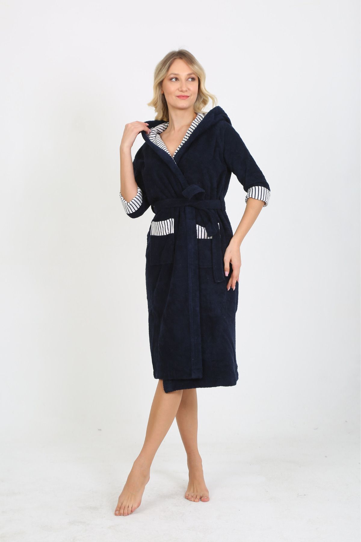 Homelover-100% Cotton Lined Hooded Short Sleeve Navy Blue Women's Bathrobe - High Absorption Ultra Luxury Bathrobe 6