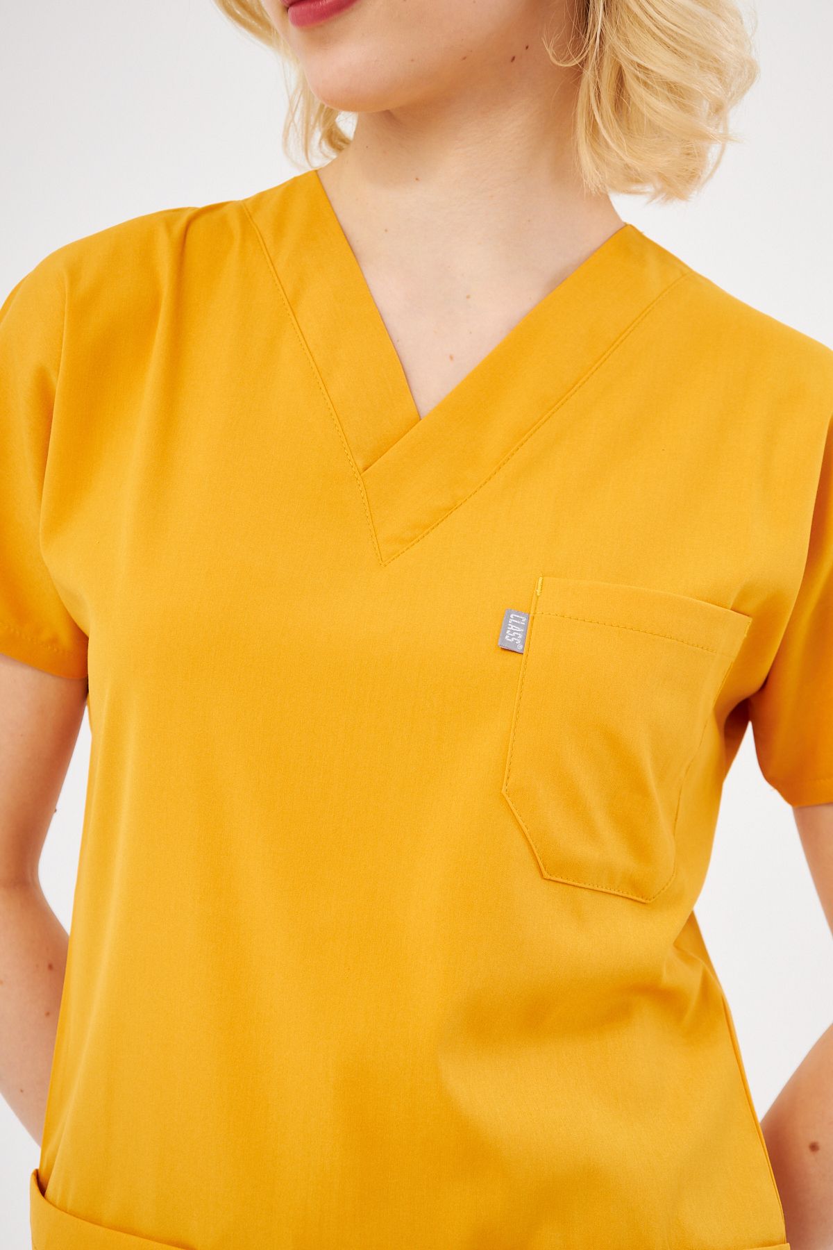 Class Üniforma-Set de scrubs unisex - muștar kaki, lycra, mânecă liliac, uniformă pentru asistentă și doctor 6