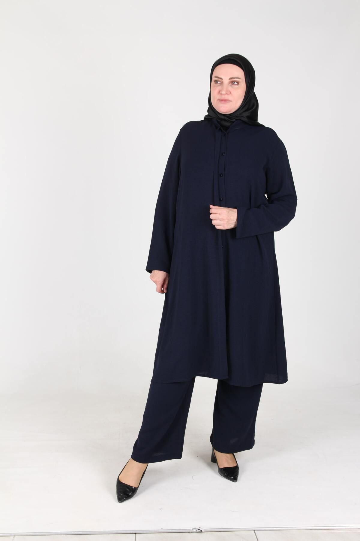 sefamerve-Aykal Ayrobin Large Size Buttoned 2 Piece Set 2613-07 Navy Blue 2