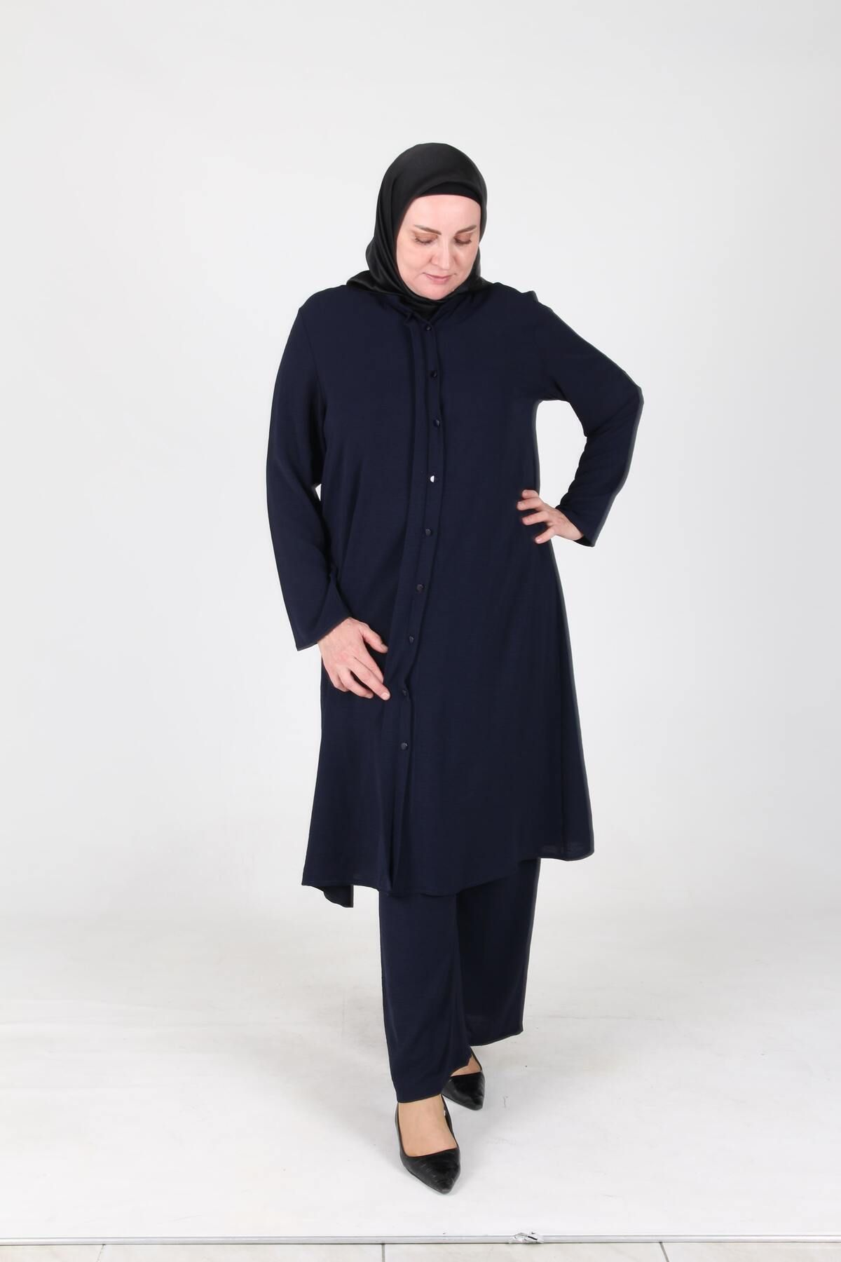 sefamerve-Aykal Ayrobin Large Size Buttoned 2 Piece Set 2613-07 Navy Blue 7