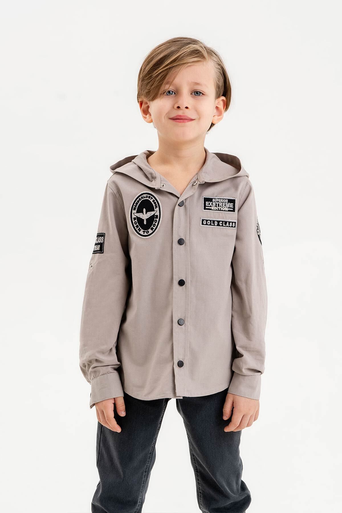 Gold Class Kidswear-Snap Fastener Hooded Embroidered Cotton Boy's Shirt 1