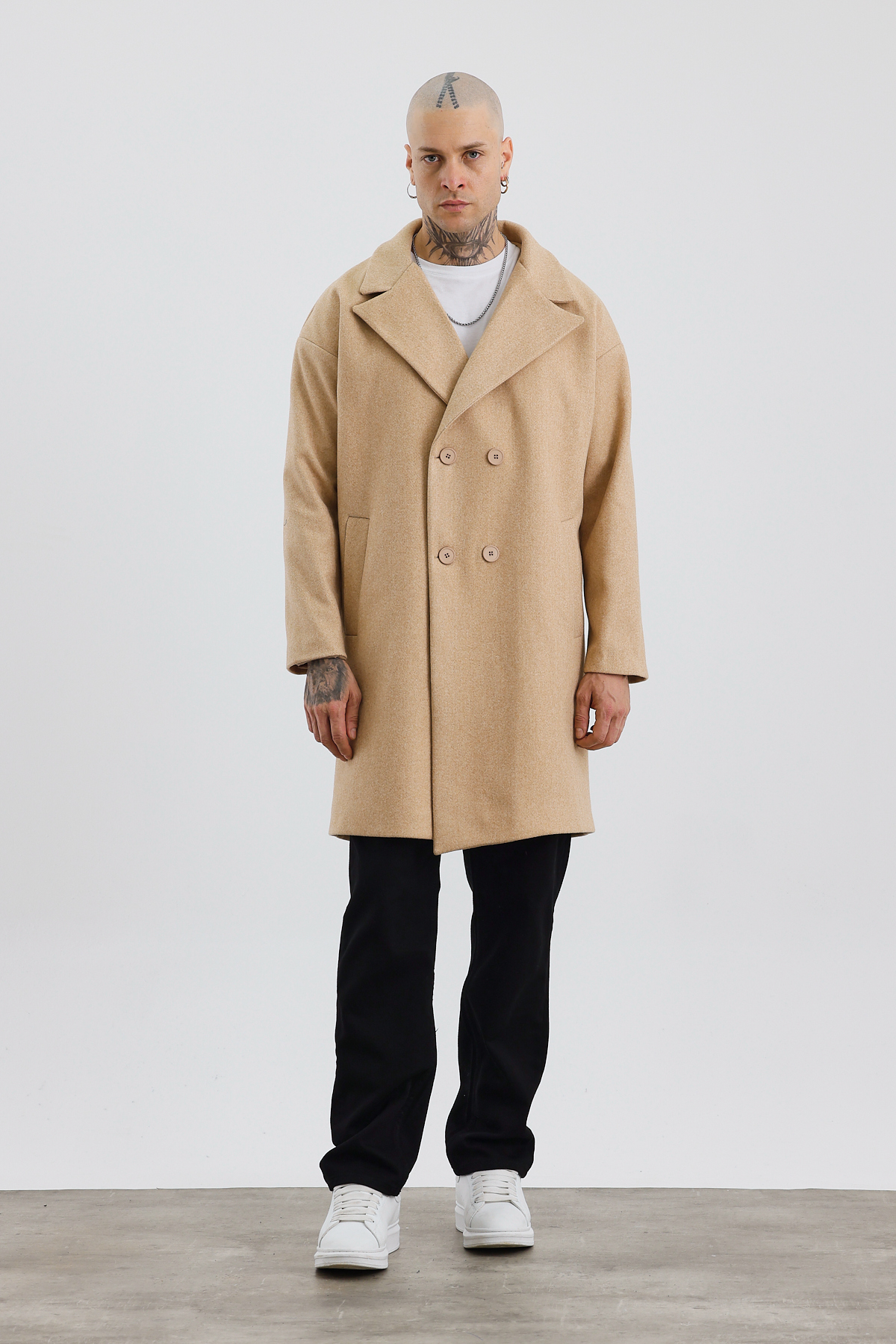 İLKCET MODA  Premium Bej Oversize Erkek Düğmeli Kaşe Kaban - Görsel 5