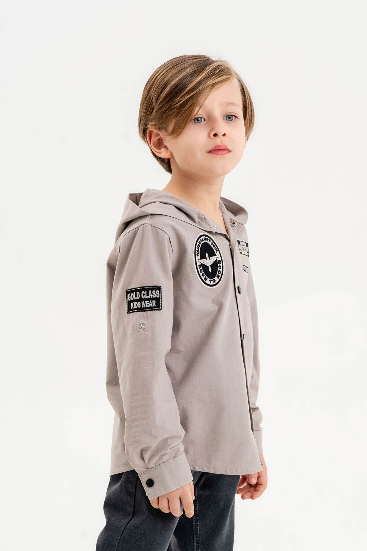 Gold Class Kidswear-Snap Fastener Hooded Embroidered Cotton Boy's Shirt 6