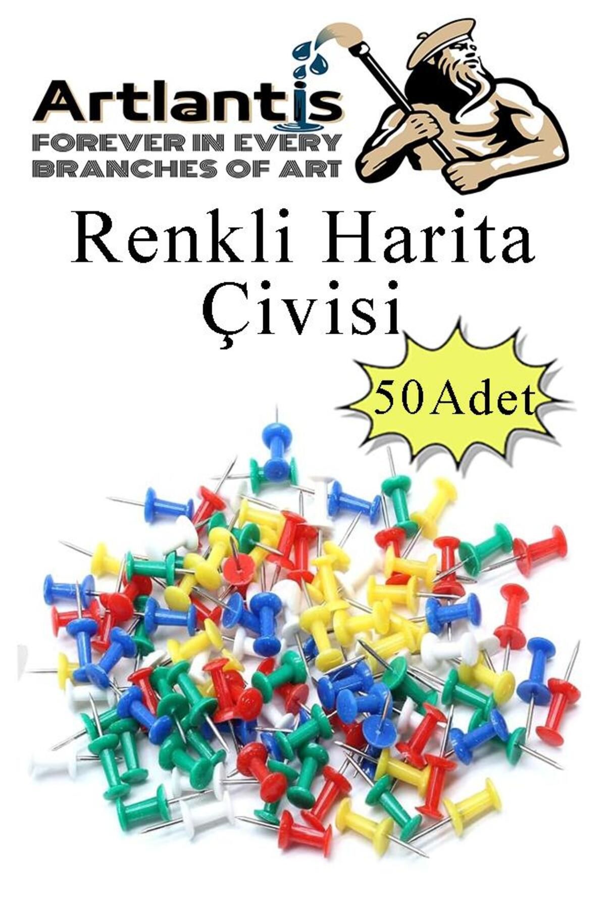 Artlantis Harita Çivisi Renkli 50 li 1 Paket Renkli Mantar Pano Raptiyesi Pano İğnesi Ofis Okul Büro Renkli Ha