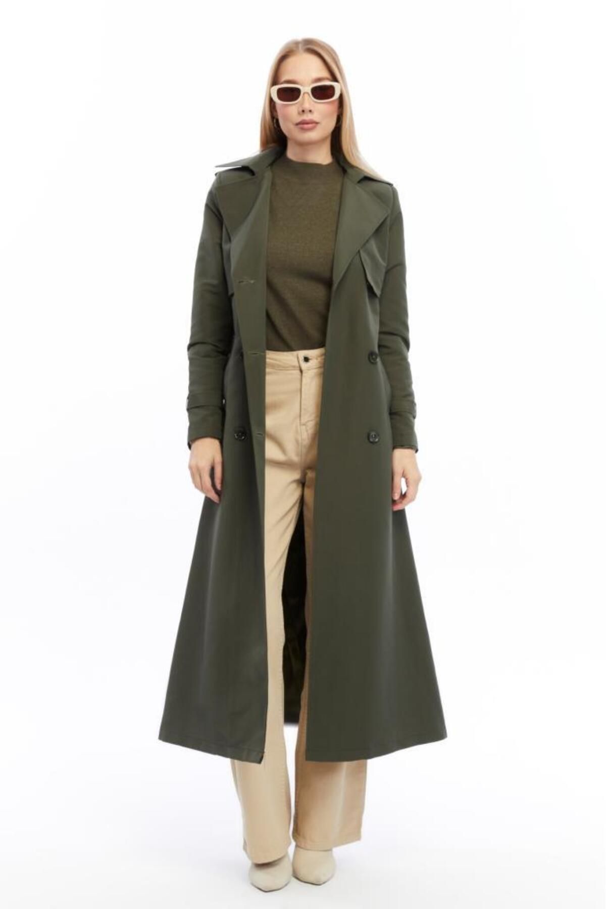 Jamila-Long Length Trench Coat with Buttons and Belt 8