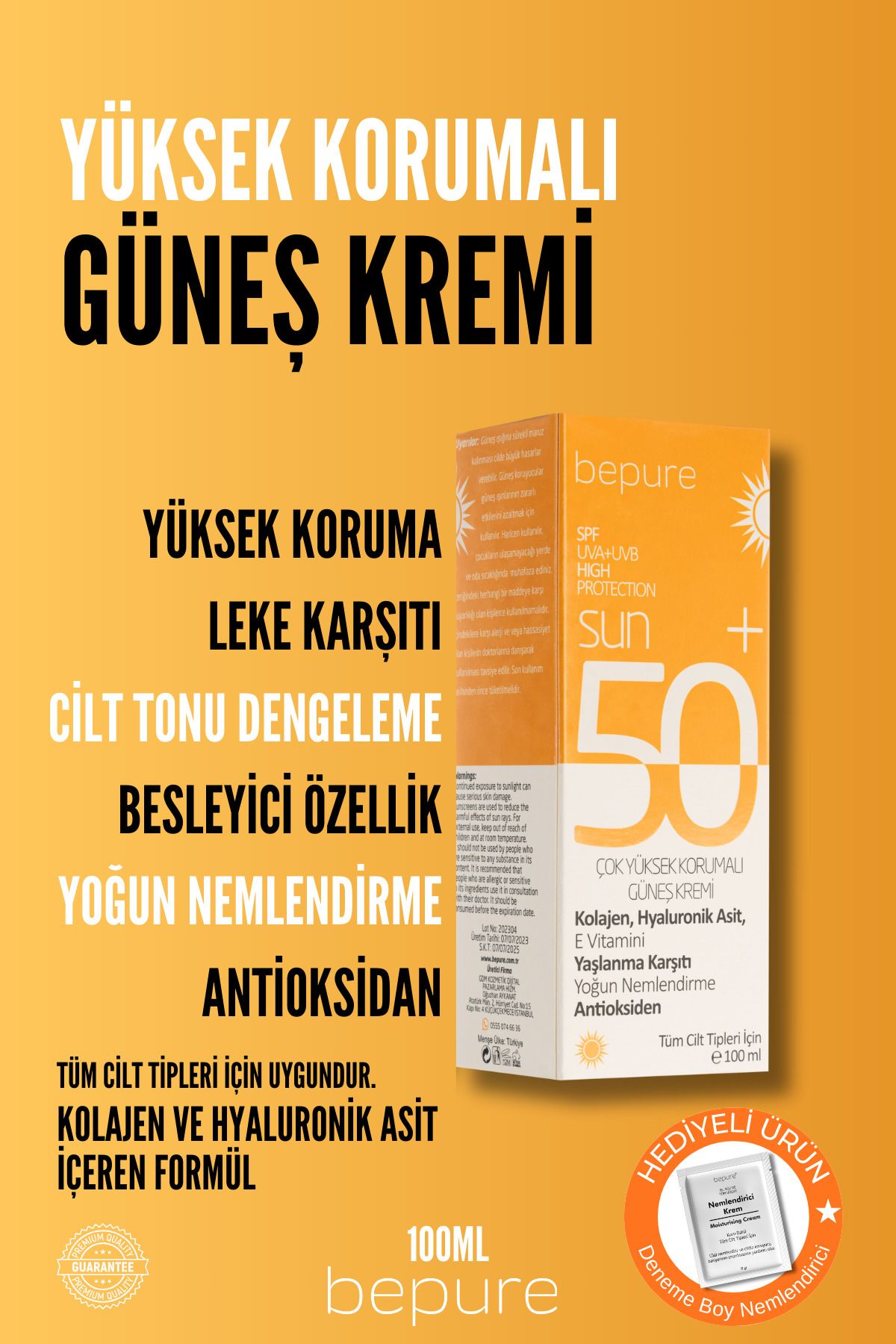 ست کرم ضد آفتاب کرمی ویتامین C سرم 30ML اسید هیالورونیک 30 میل و خورشید 50 SPF+ سلام جعبه تابستانی Bepure