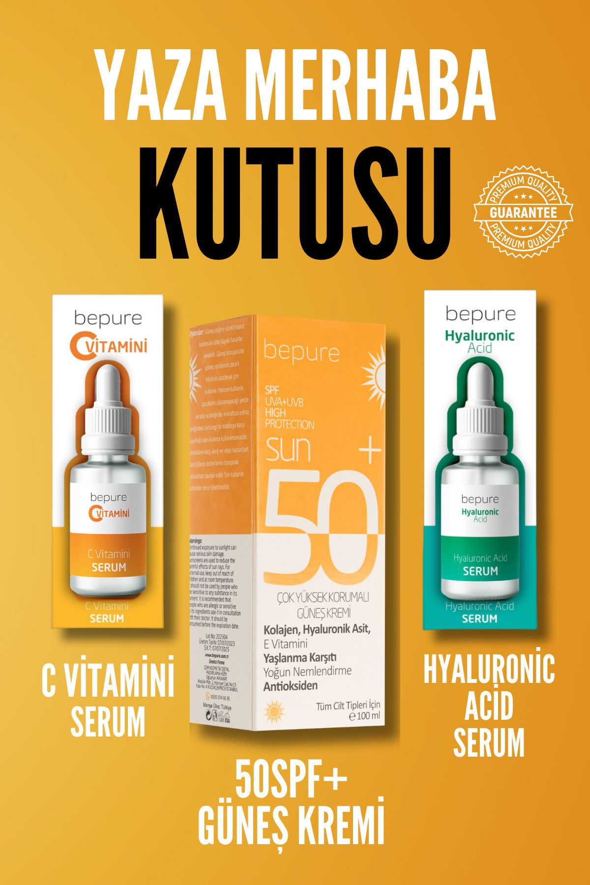 ست کرم ضد آفتاب کرمی ویتامین C سرم 30ML اسید هیالورونیک 30 میل و خورشید 50 SPF+ سلام جعبه تابستانی Bepure