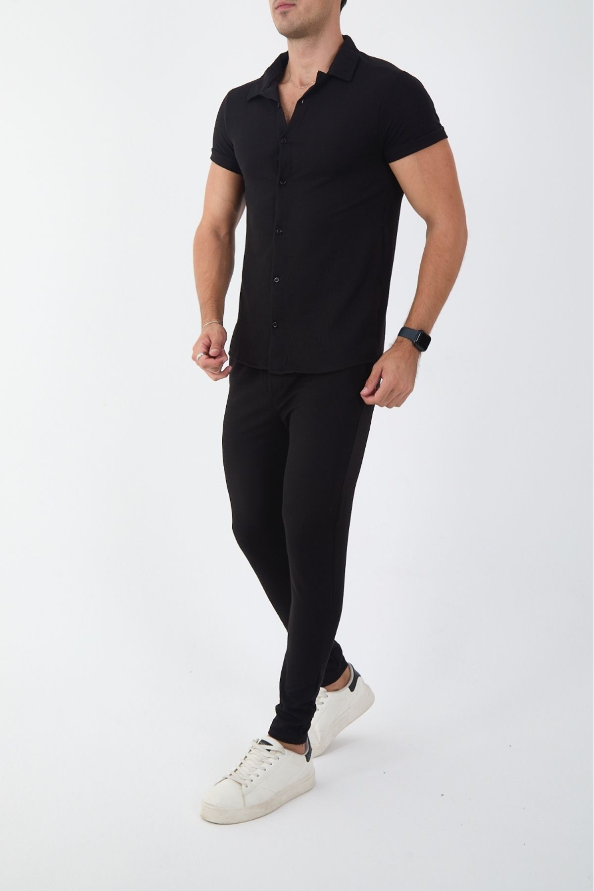 MCZ-Men's Short Sleeve Slim Fit Slim Fit Shirt Collar Black Shirt and Pipe Leg Pants Bottom Top Set 2