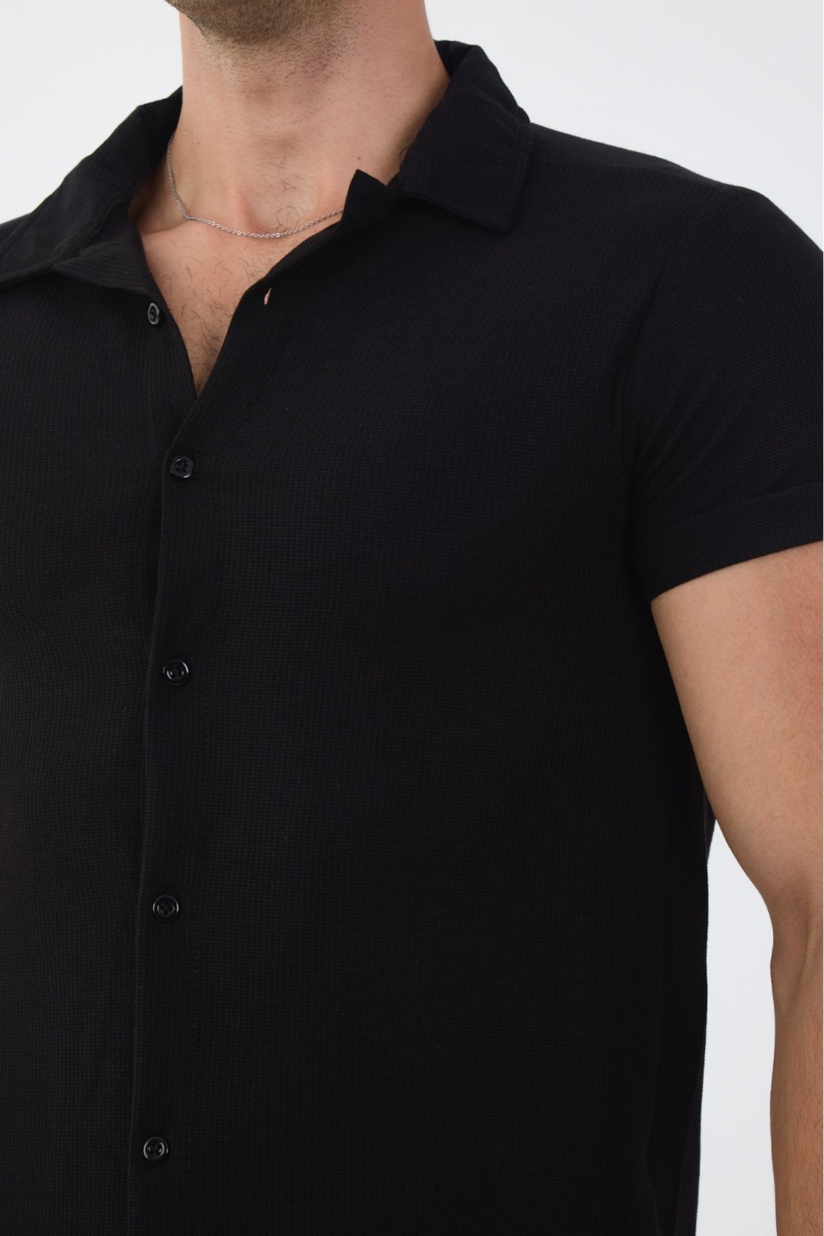 MCZ-Men's Short Sleeve Slim Fit Slim Fit Shirt Collar Black Shirt and Pipe Leg Pants Bottom Top Set 4