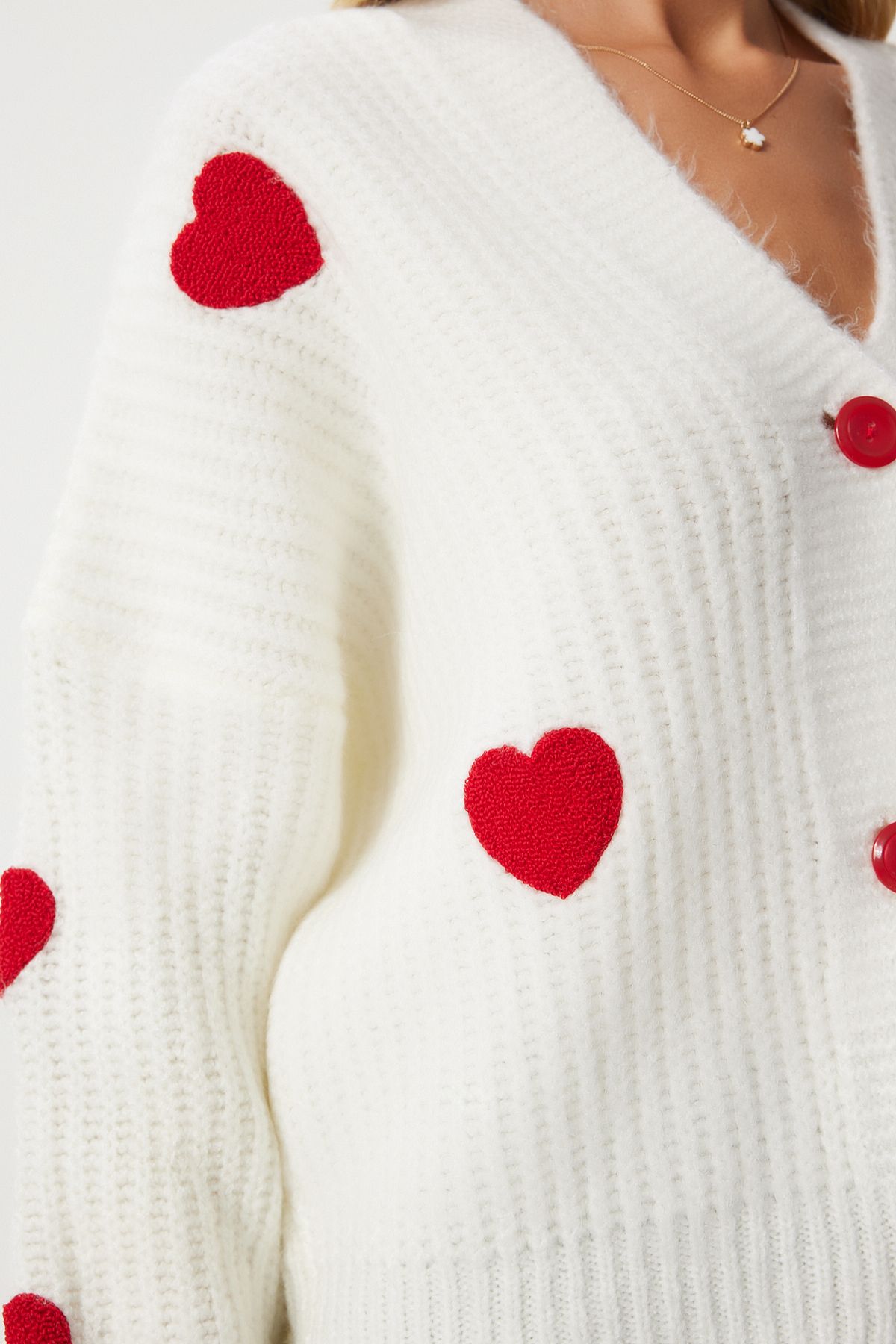 Lovelyİstanbul-White Oversize Knitwear Cardigan - Heart Motif Lpf0050 5